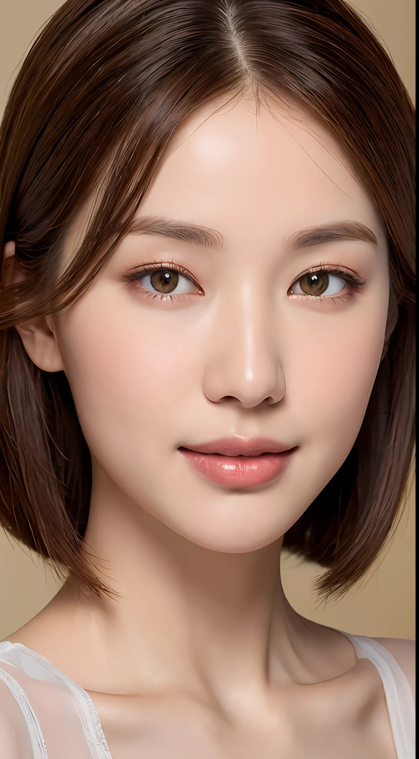 ((Best Quality, 8K, Masterpiece: 1.3)), 1 Girl, Slim Abs Beauty: 1.3, (Hairstyle Brown Hair Shortcut, Big: 1.2), Dress: 1.1, Super Slender Face, Delicate Eyes, Double Eyelids, Smile, Home, Raw Photo