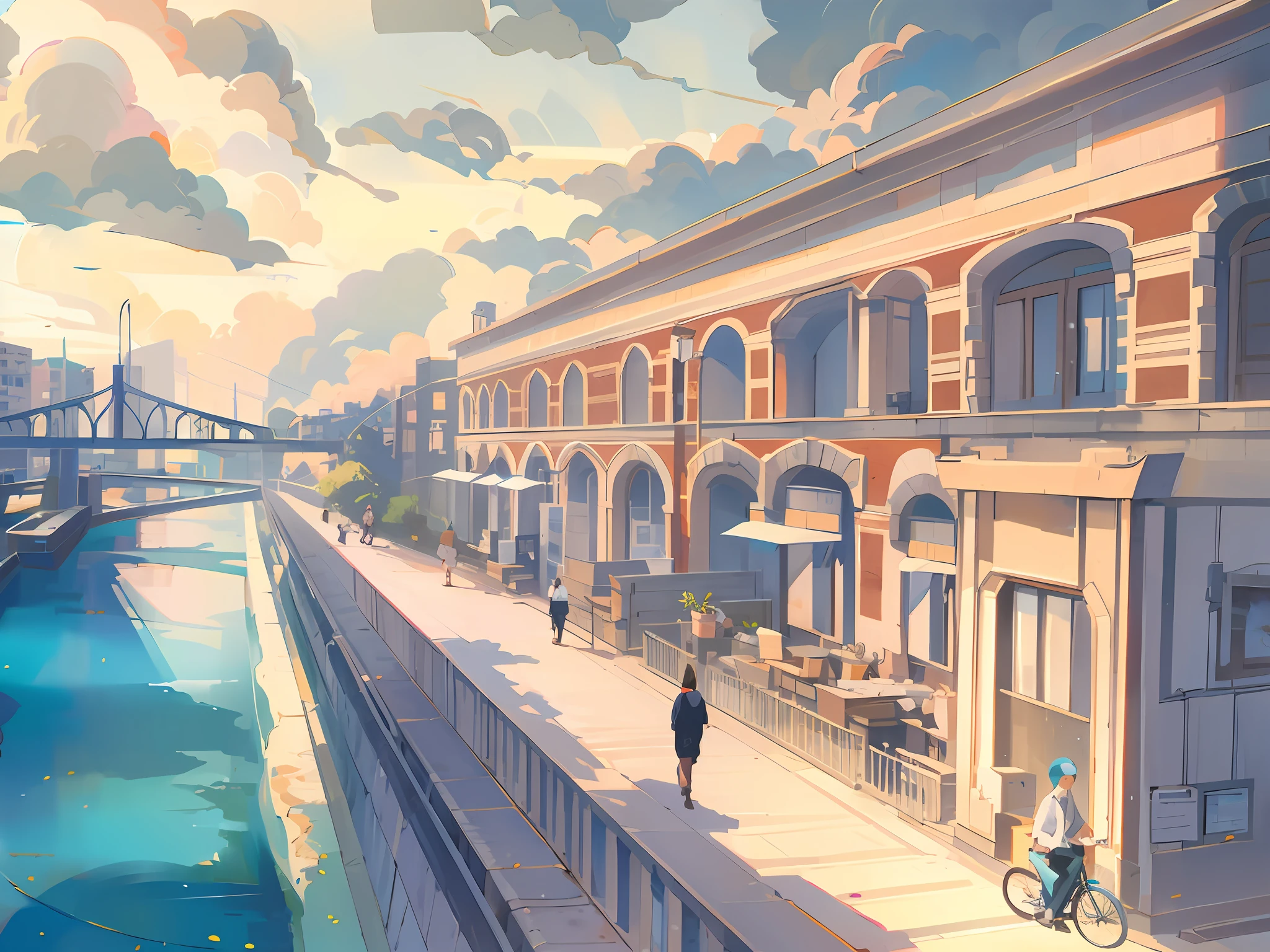 High-quality work，There is a painting of a city street，Rivers and bridges，People walk and bike, anime style cityscape, ,  rich picture detail，Blue sky clouds，rays of sunshine，optic