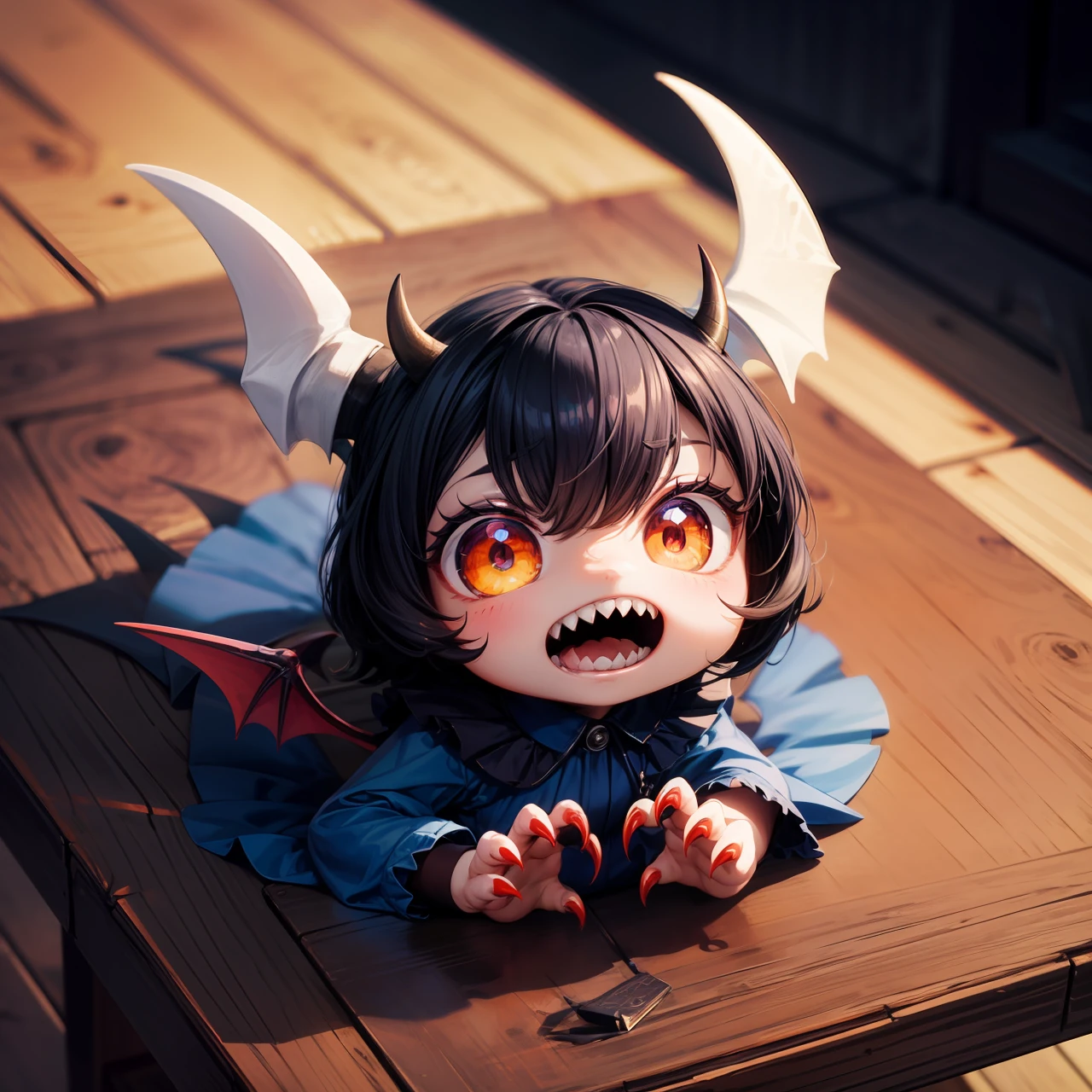 Splash art, cute demon girl, demon wings, sharp teeth, cute blue summer dress, showing claw hand, with small red claws on fingers, looking to viewer, on wooden table, stunning beauty, [[chibi]], close-up, muted colors, deep shadows, epic, trending on Pixiv, 4k