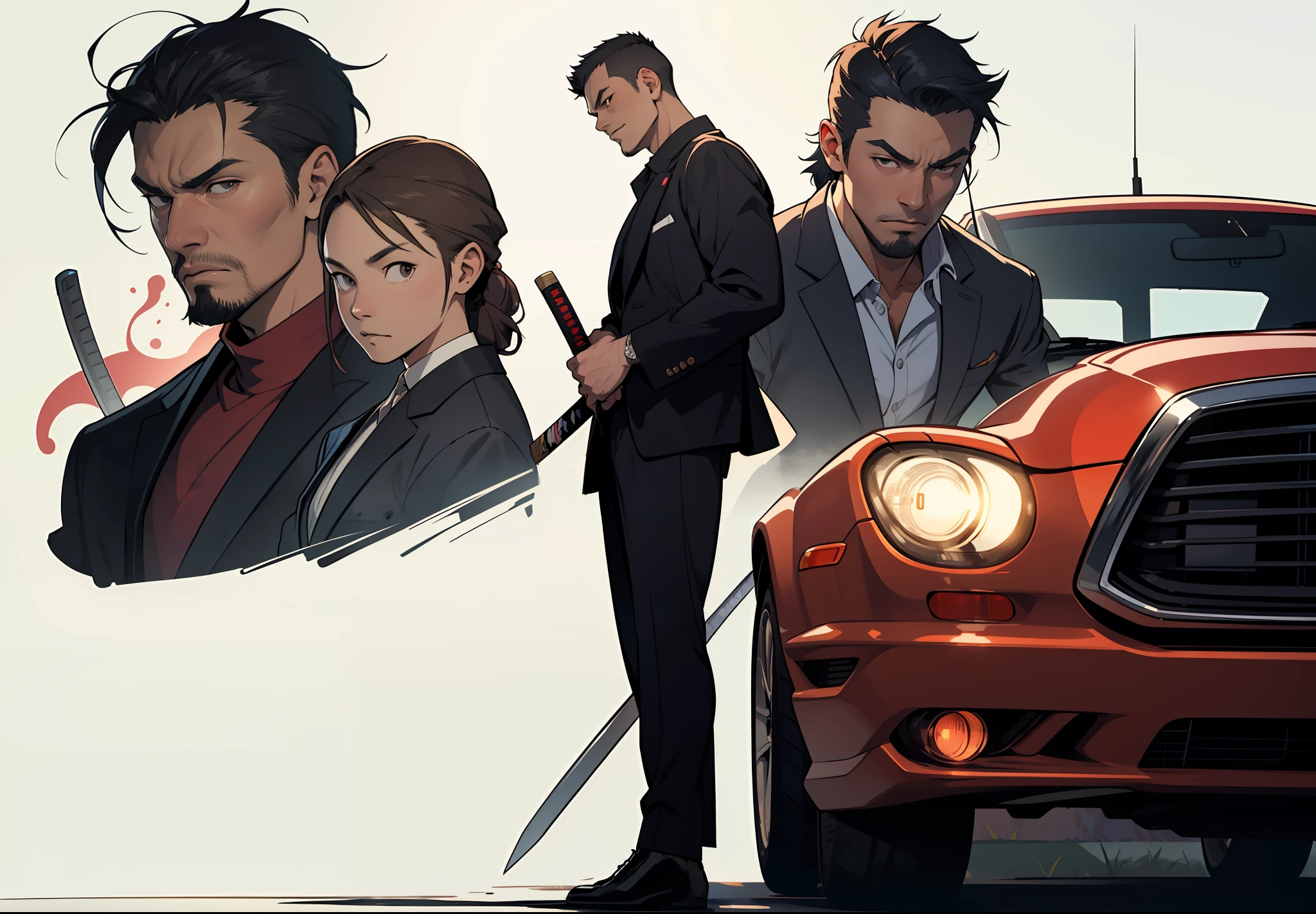 Five Yakuza, in suit, studio ghibli art style, different poses front on the car, epic, male, perfect car, perfect face, Black, katana, ultra illustration, high detailed, 90s, epic cinematic, dangerous man