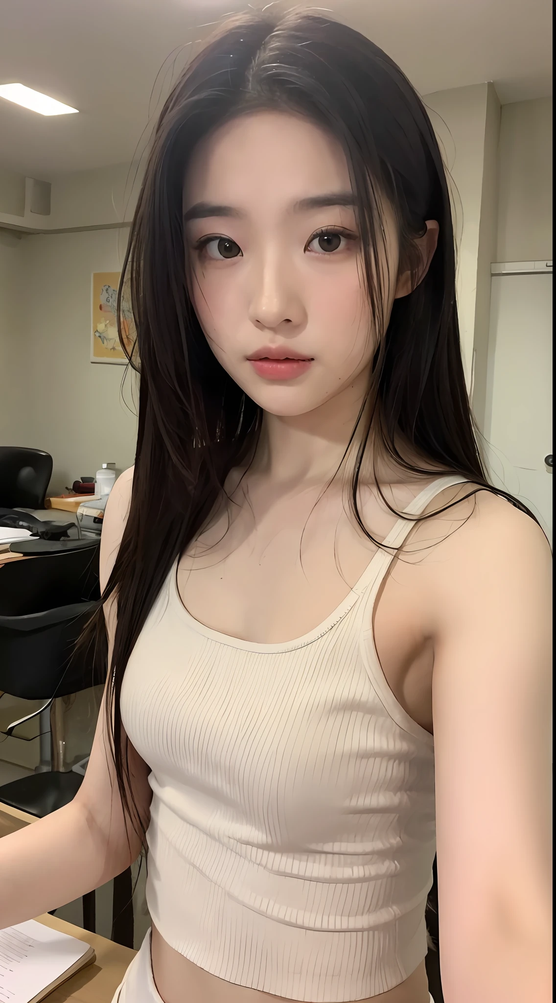 ((Best quality, 8k, Masterpiece :1.3)), Sharp focus :1.2, perfect figure beautiful woman:1.4, Slim abs:1.2, ((Layered Hair Style:1.2)), (Tank top shirt:1.1 ), (Cosy study:1.2), full bodyesbian,Highly detailed facial and skin texture, A detailed eye, 二重まぶた