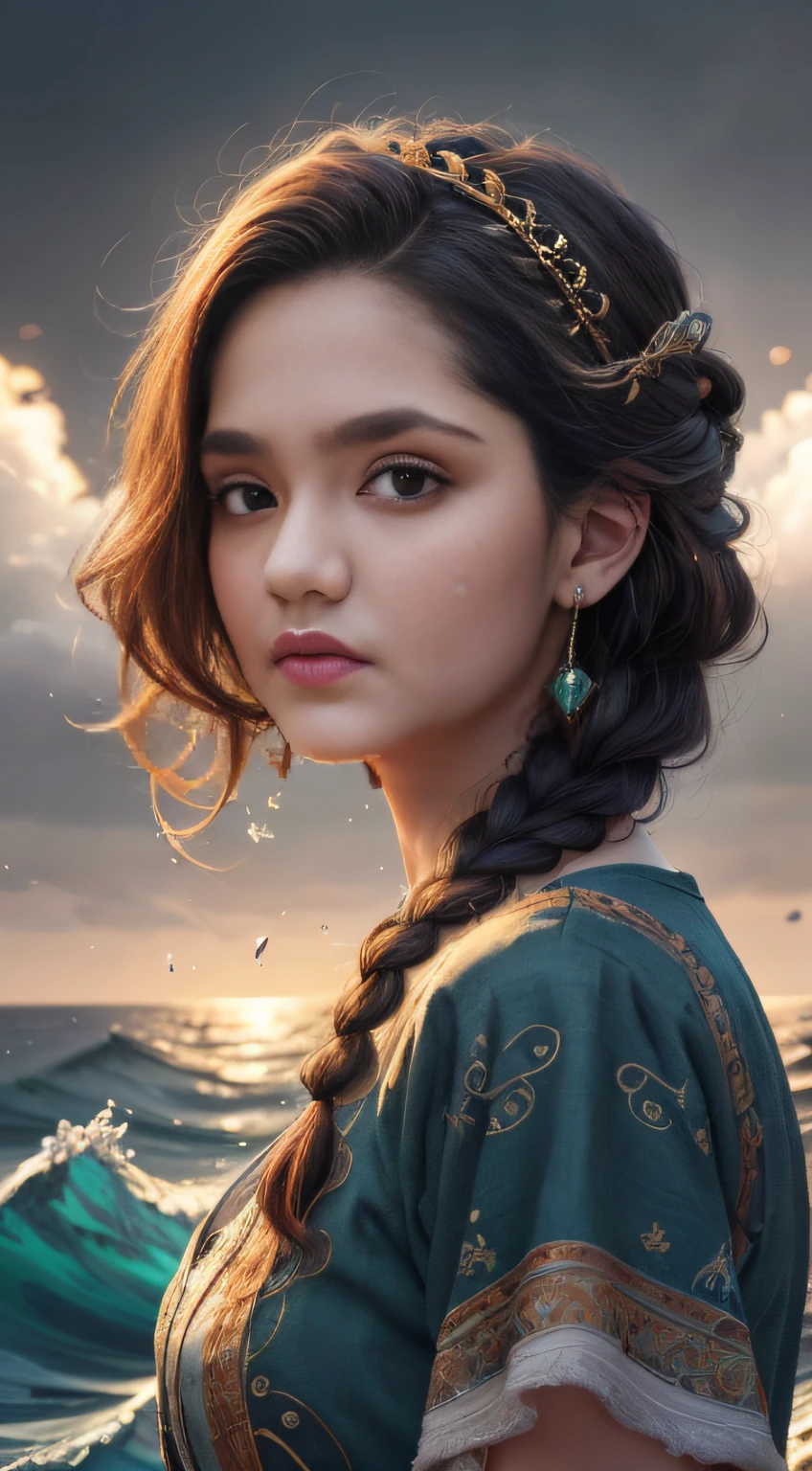 Couple (((male)), fashion shoot, (full portrait), (half), solo, detailed background, detailed face, (stonepunkAI, stone theme:1.1), wise, (beautiful hair, braid: 0.2), shaman, septum harsh, mysterious, (gorgeous face), stunning, head tilted up, (calm expression), calm, intimate interaction, sea bubble green worn clothes, rosary, Tribal ornaments, feathers in hair, headdress: 0.33, emerald, obsidian, detailed clothes, realistic skin texture, (floating particles, water swirls, embers, rituals, whirlwinds, wind: 1.2), clear focus, volumetric lighting, good highlights, good shadows, subsurface scattering, complex, highly detailed, ((film)), dramatic, (highest quality, award-winning, masterpiece: 1.5), (realism: 1.5),