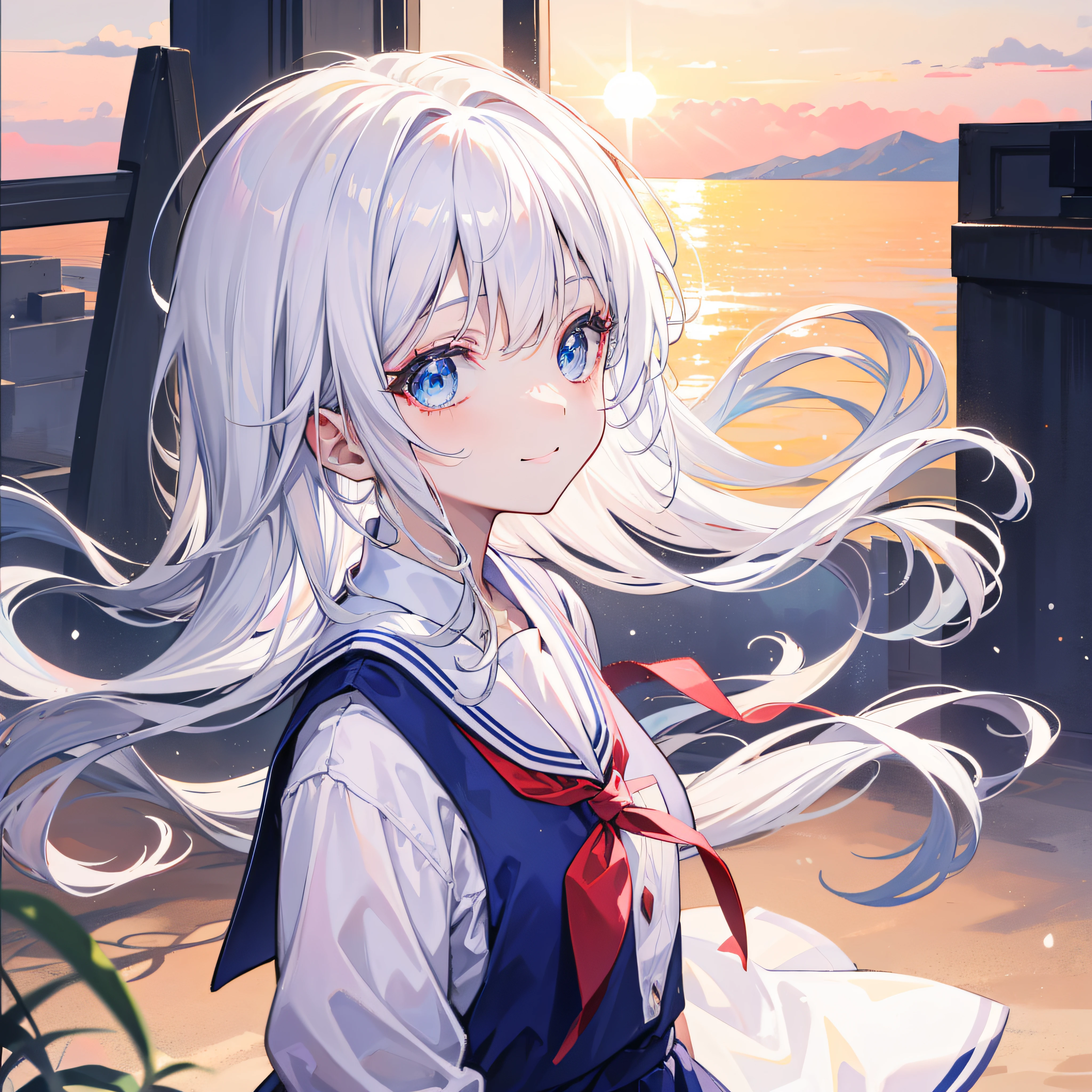 White-haired school uniform, long hair, blue eyes, background blurred sunshine, sunset, innocent smile, ultra-high-definition picture quality, dazzling masterpiece, light makeup, crystal clear fair skin, sparkling winter scenery upper body 。