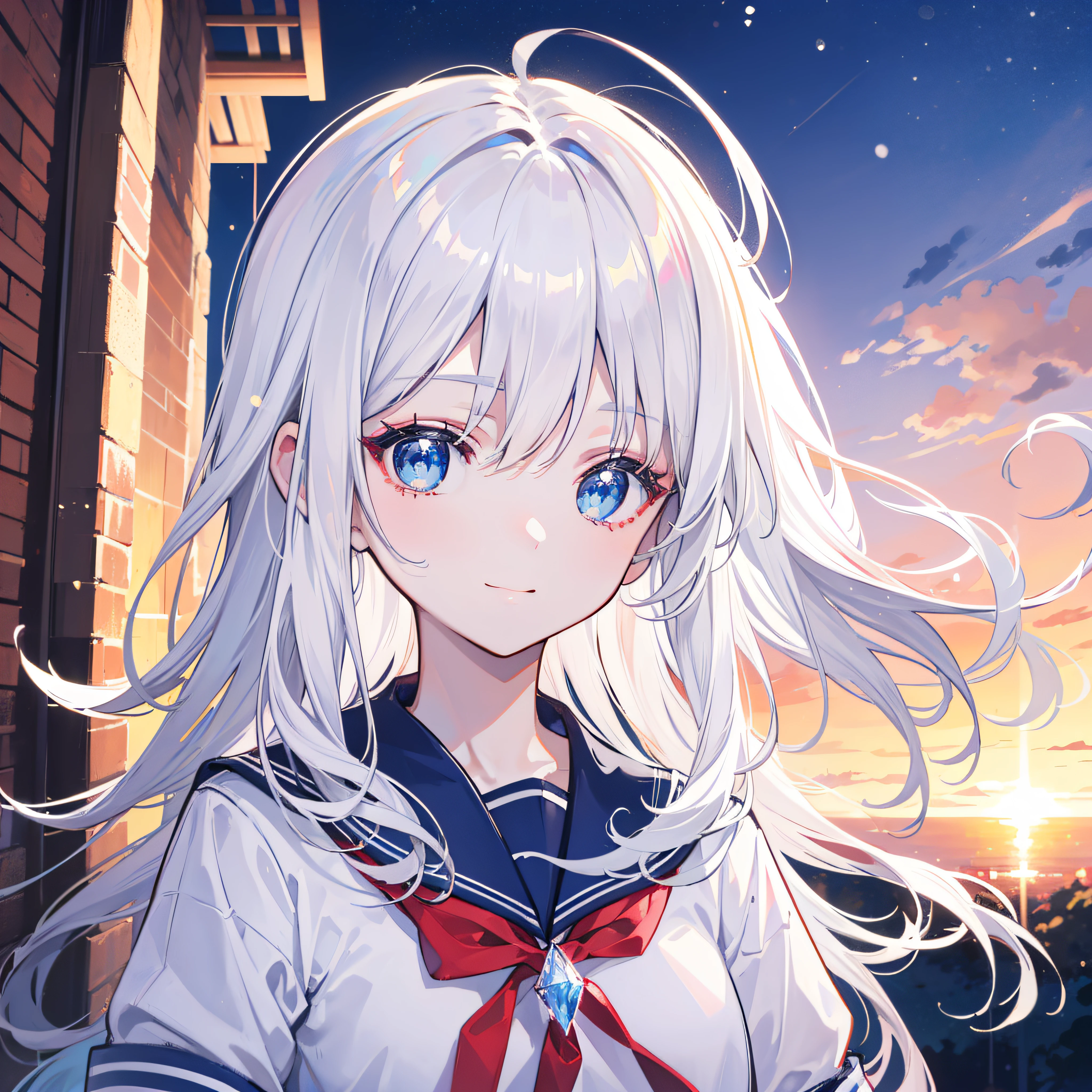 White-haired school uniform, long hair, blue eyes, background blurred sunshine, sunset, innocent smile, ultra-high-definition picture quality, dazzling masterpiece, light makeup, crystal clear fair skin, sparkling winter scenery upper body 。