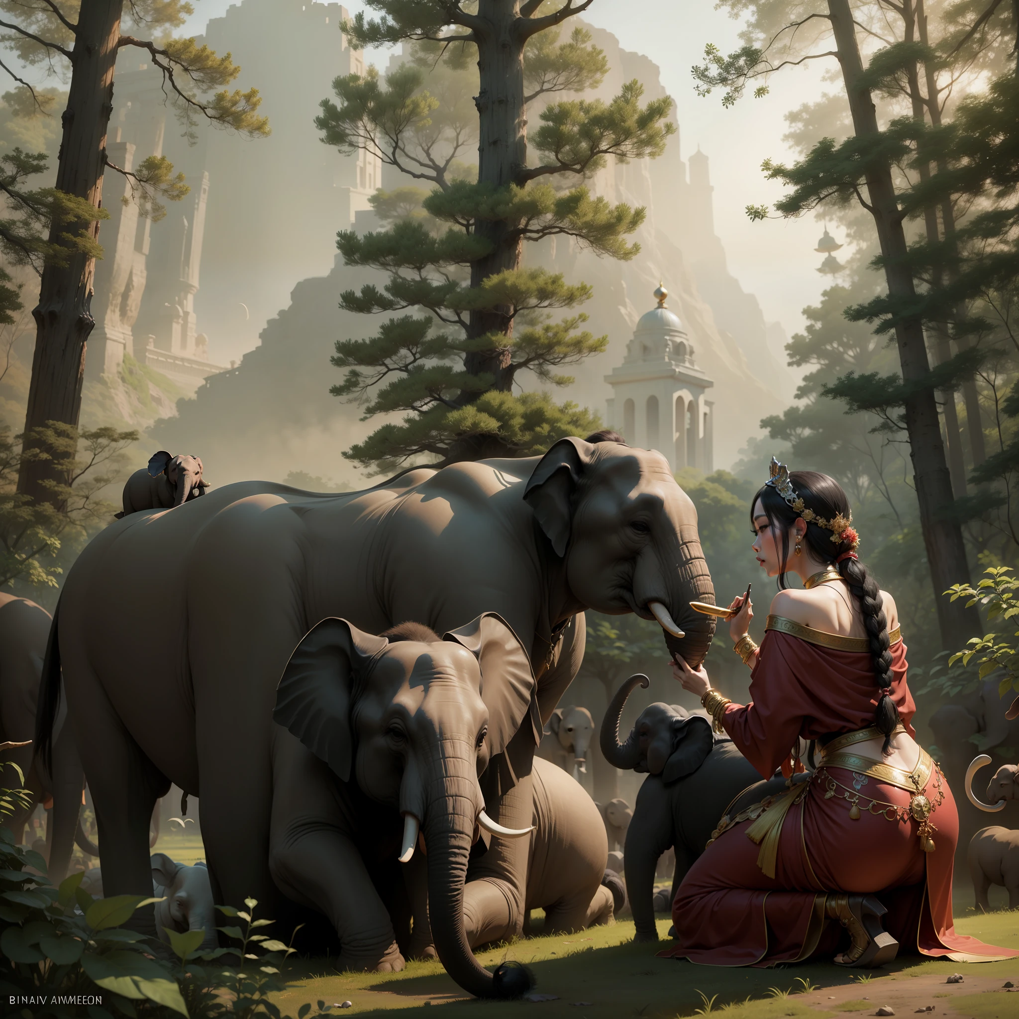 Asian queen, her elephants in the palace