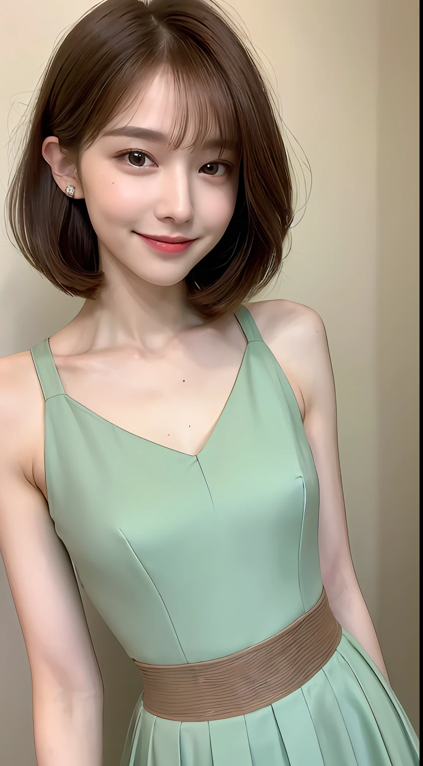 ((Best Quality, 8K, Masterpiece: 1.3)), 1 Girl, Slim Abs Beauty: 1.3, (Hairstyle Brown Hair Shortcut, Big: 1.2), Dress: 1.1, Super Slender Face, Delicate Eyes, Double Eyelids, Smile, Home, Raw Photo