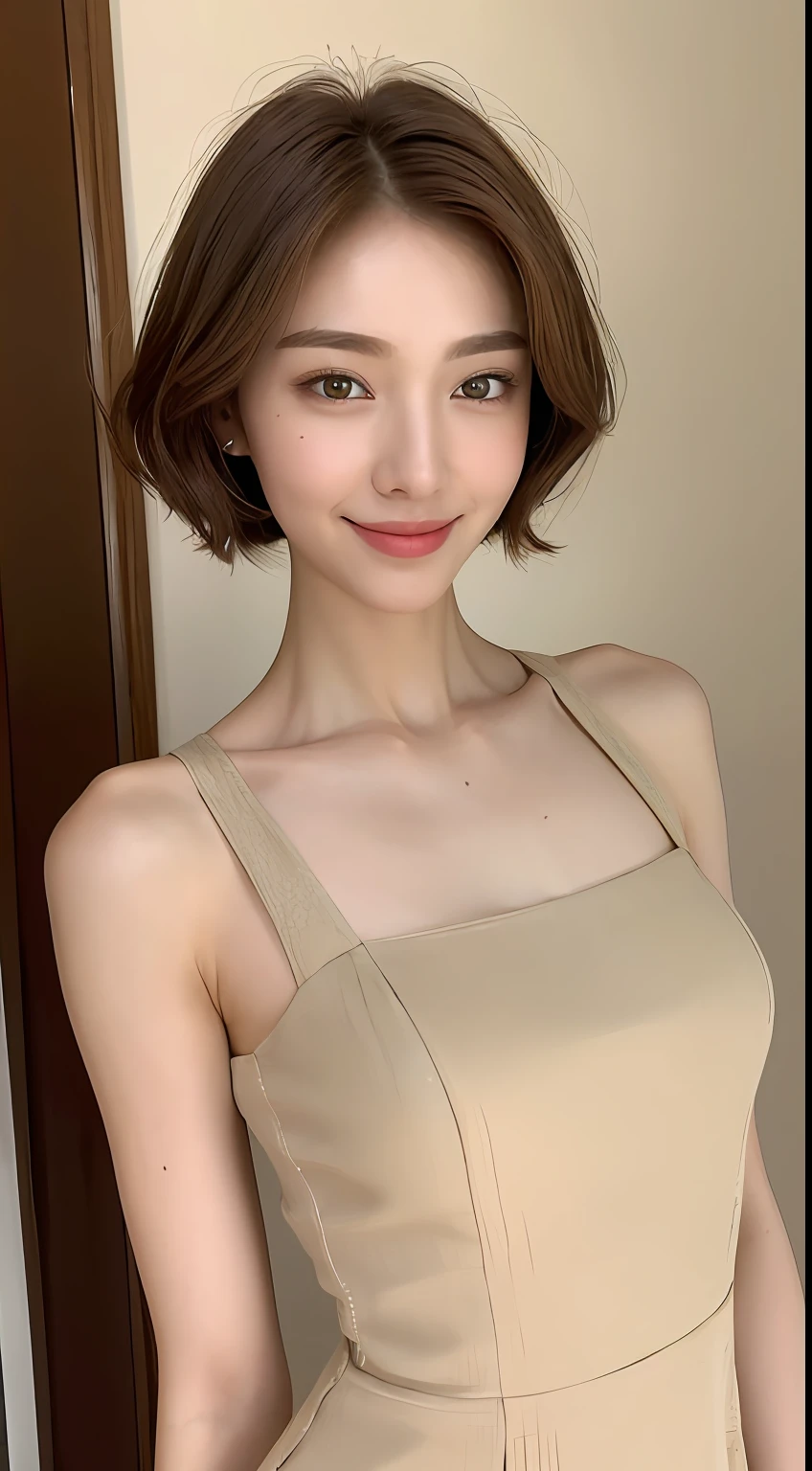 ((Best Quality, 8K, Masterpiece: 1.3)), 1 Girl, Slim Abs Beauty: 1.3, (Hairstyle Brown Hair Shortcut, Big: 1.2), Dress: 1.1, Super Slender Face, Delicate Eyes, Double Eyelids, Smile, Home, Raw Photo