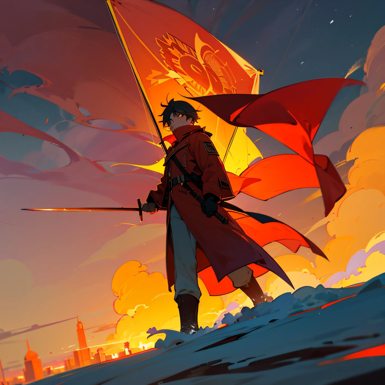 The sky has red and yellow flowing clouds and sunset，A soldier floated upwards and held the five-star red flag in his hand to the sky，Wearing a green coat，Tough eyes，The earth city is brightly lit，snow covered，A figure walked alone towards the far side of the city，Yellow light shines from afar，Far light near dark --auto