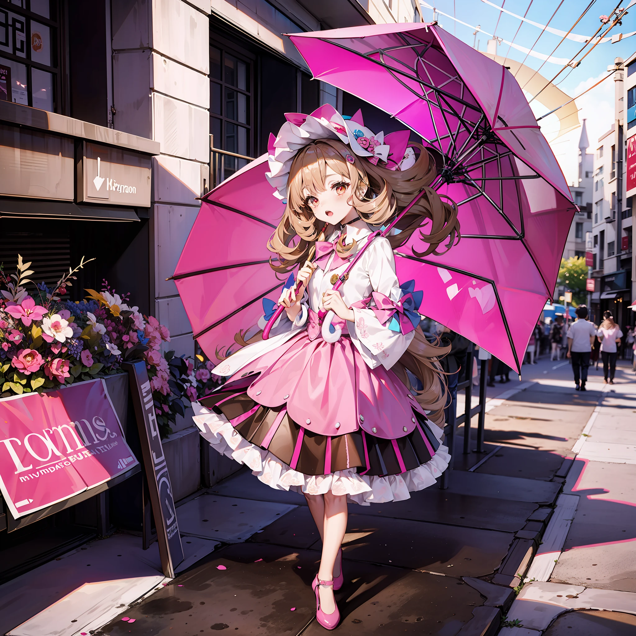 tmasterpiece，best qualtiy，Need，the detail，long brown curly hair，Pink puffy skirt，Small pink umbrella，Pink shoes，with brown eye，The background is an advertising version，vibrant with colors，Catchy，full bodyesbian，Cover of a，Fashionab，with dynamism，Need