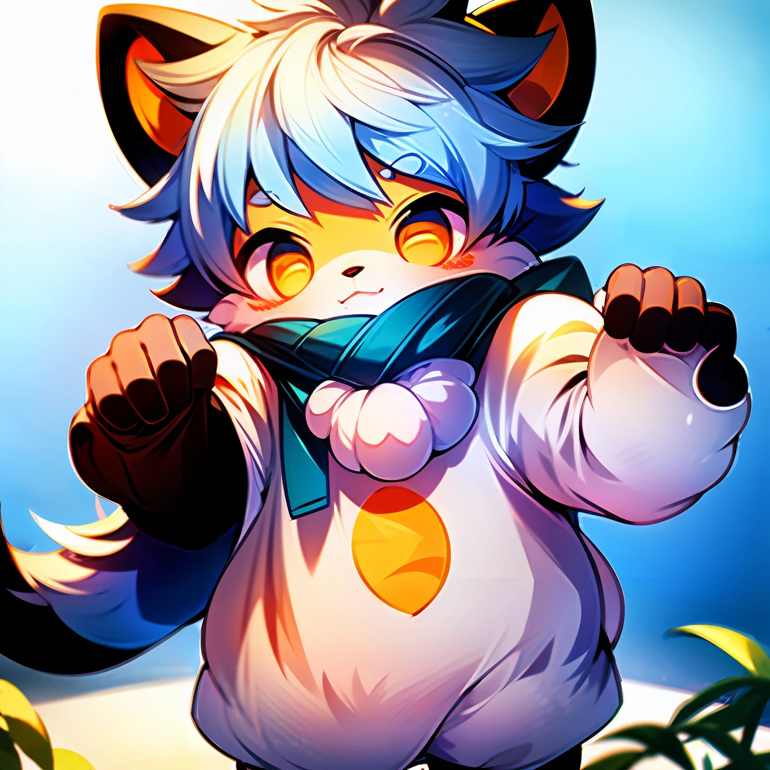 (masterpiece), best quality, ultra-detailed, white bear fairy, full-body shot, cute, small character, blue background, soft shading, watercolor style.
