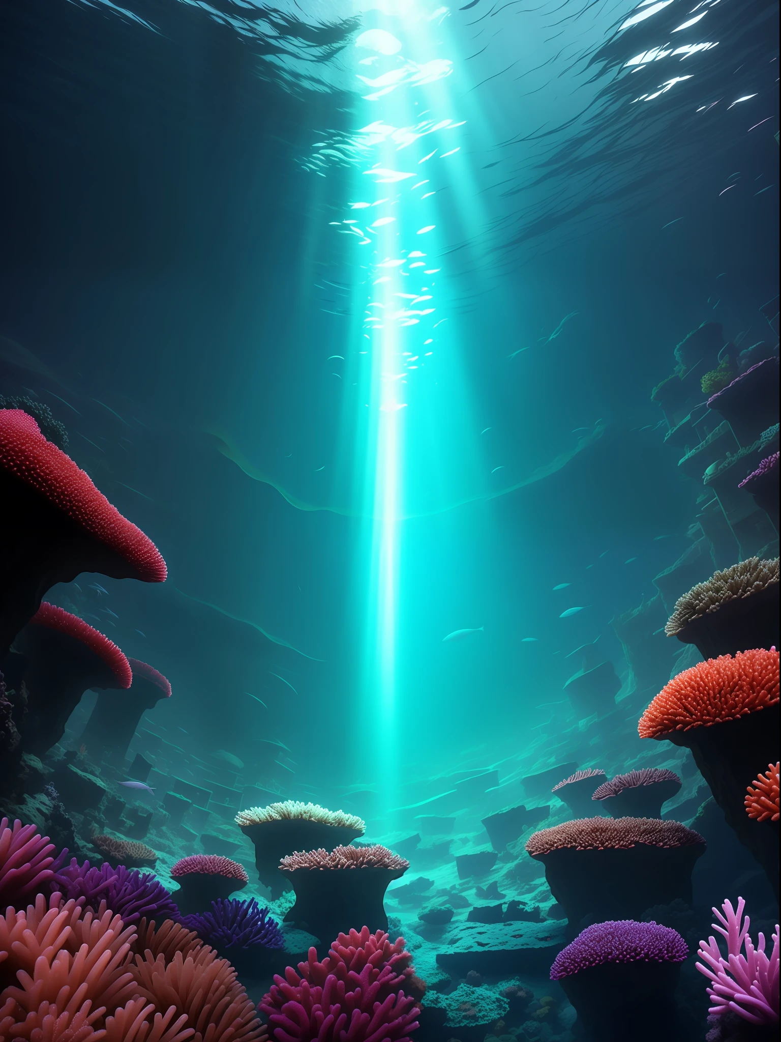 Deep sea floor，Mysterious light，Underwater Kingdom， A variety of marine life，Beautiful coral reef，Colorful tropical fish，seaweed，glowing jellyfish，The ruins of a dilapidated castle，light  leaks，depth of fields，Amazing scenery，filmgrain，color difference，动态照明，Dramatic lighting，hdr，realisticlying，filmgrain，color difference，A high resolution，Hyper-detailing，finedetail，The is very detailed，shadowing， foco nítido，cinematic ligh，