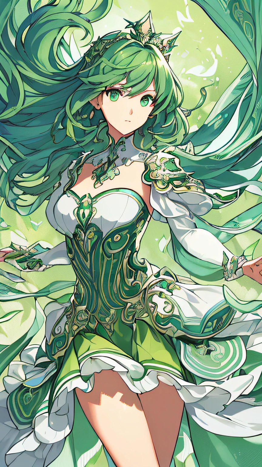 (((Masterpiece))),(((best qualtiy))),((Ultra-detailed)),(illustration),((anextremelydelicateandbeautiful)),dynamic angle,Floating,(beatiful detailed eyes),(detailedlight) (1girll), Solo, Floating_Hair,glowing light eyes,Green hair,green-eyed, double tails, halterdress, atdan, Green background,