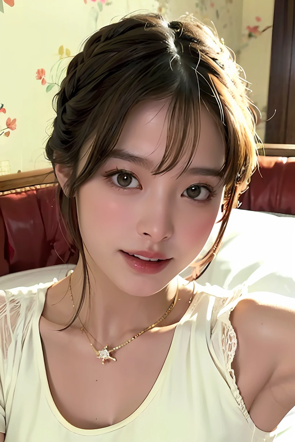 masterpiece、top-quality、realisitic、(A hyper-realistic), (illustratio), (hight resolution), (8K), (ighly detailed), (The best illustrations), (beatiful detailed eyes), (top-quality), (ultra-detailliert), (masterpiece), (wall-paper), (详细的脸), a bed、Upper body close-up,(Armpit), (),Plump,独奏,(Wearing a plummeted open shirt of white silk:1.5), full of sweat, japanes, large full breasts, (camel's toe)、huge-breasted、livingroom、Detailed white teeth、ultimate beauty girl、No bra、(Diamond necklace)、perfect teeth、Brown hair、Light makeup、Navel、Seductive look、Room with night view of the building、eyes large、abdominals、
