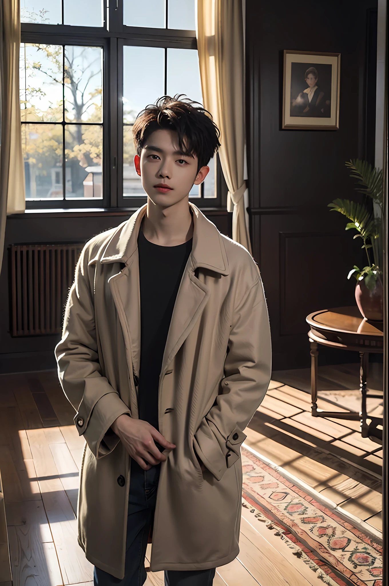 best quality, masterpiece, (photorealistic:1.4), 1boy, solo, short hair, big eyes, coat,long sleeves, upper body, dramatic lighting, looking at viewer, standing, indoors, living room, tables, carpet, wooden floor, decorations, window, sunshine