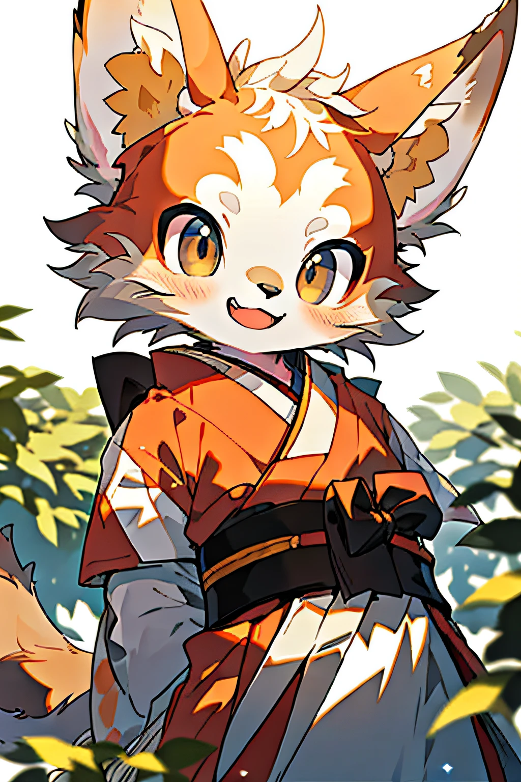 depth of field, perfect lighting, light particles,(best quality),(masterpiece),(ultra detailed),sharp focus,light particles, niji, eyesgod, blush, brown_eyes, looking_at_viewer, smile, solo, furry, animal_ear_fluff, open_clothes, arms behind back, upper body, tail, kimono, japanese clothes, sunlight, tree, open mouth, from below, arms behind back,