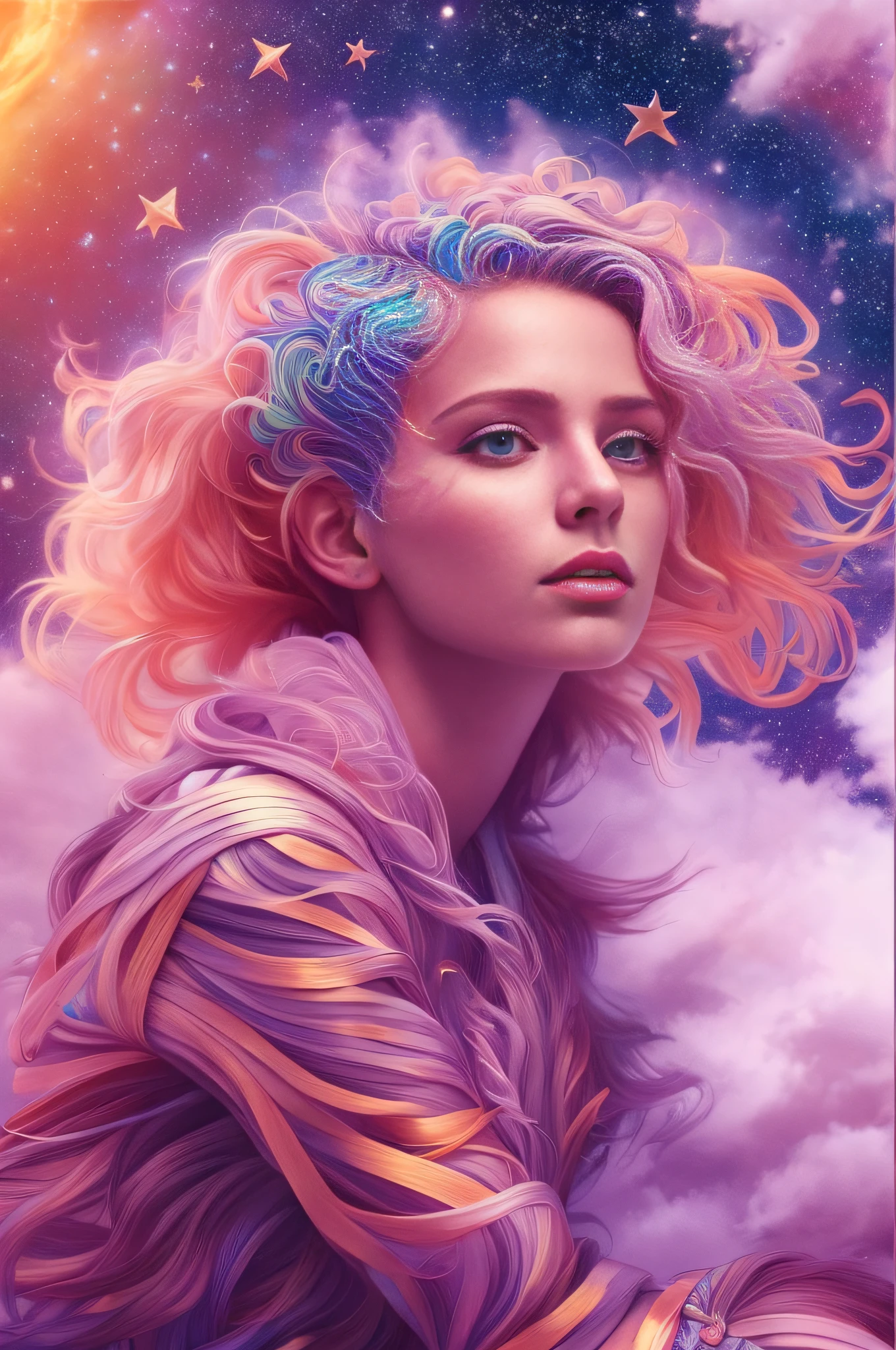 Film still, Fashion Photography, digital art, raytraicing, 3D surrealistic. Breathtaking Beautiful young female Angel dressed with a Angelpunk outfit, relaxed sitting on a fluffy cloud, floating in the middle of a vortex of floating Spiral Galaxy and golden stars and small fluffy clouds. Brilliant colors, Lumitronic effect, Zentangle Effect, Vaporwave effect, by Julie Dillon and David Alabo, colourful hair, realistic skin texture, photo realistic, Low saturation, masterpiece, global illumination,