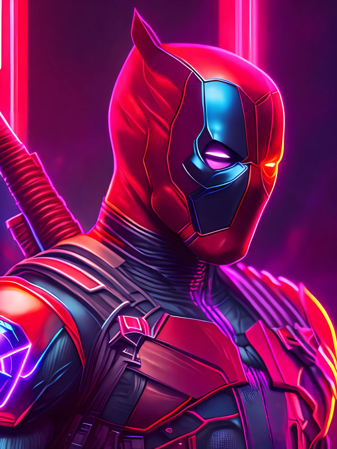 neon portrait of Deadpool from Marvel, photorealistic painting, intricate, 8K, very detailed, three-dimensional lighting, digital painting, sharp and intense focus, works by Artgerm E. Rutkowski and Alphonse Mucha, CGsociety