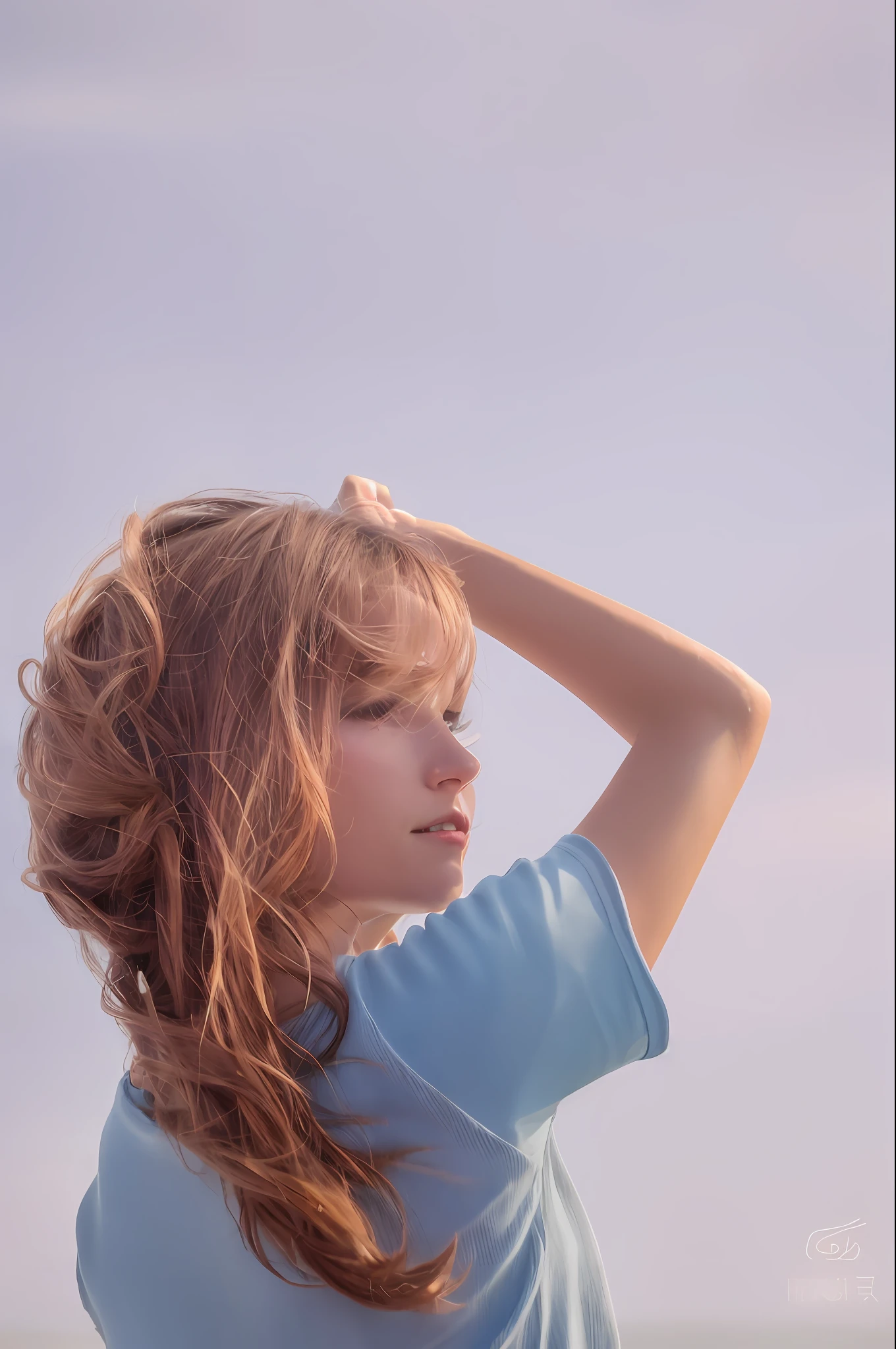 A woman with long hair stood on the beach, windy hair, The wind blows hair, A young woman with red hair, wind blown，hair flowing, hair blowing the wind, soft light from the side, hair flowing in the wind, Photo taken with Sony A7R, Hair is floating in the wind, hair blowing in wind, long windy hair style