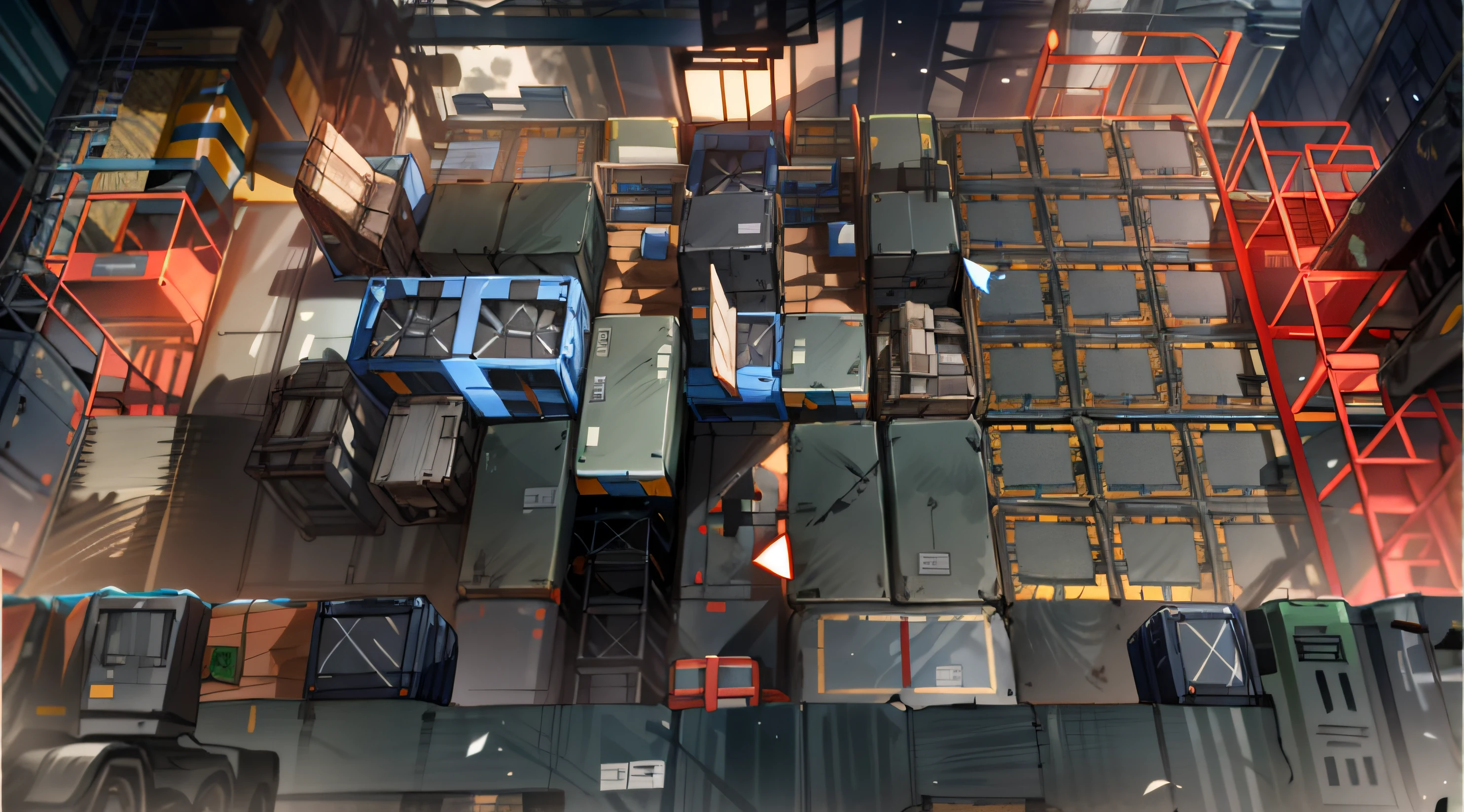 There was a room，There are a lot of different items, Crates and parts on the ground,, modular game dev art, mecha floor, incredible isometric screenshot, isometric game, game assets, seperated game asset, game design asset pack，（tmasterpiece），（best qualtiy），（The Car：1.1），container_Building，（the night：1.3），wheelie，fanciful，hyper realisitc，flight，（In the sky：1.3），Industrial punk，steam style，Wasteland，post apocalyptic world， （scaffolding），There are no vehicles，Stand any robot，Very small amount of bunker，God perspective，（Top angle of view：1.6），Extremely strong grid frame，Extremely empty battle grounds，There is something only on the edges，Ultra-fine picture，best qualtiy，超高分辨率