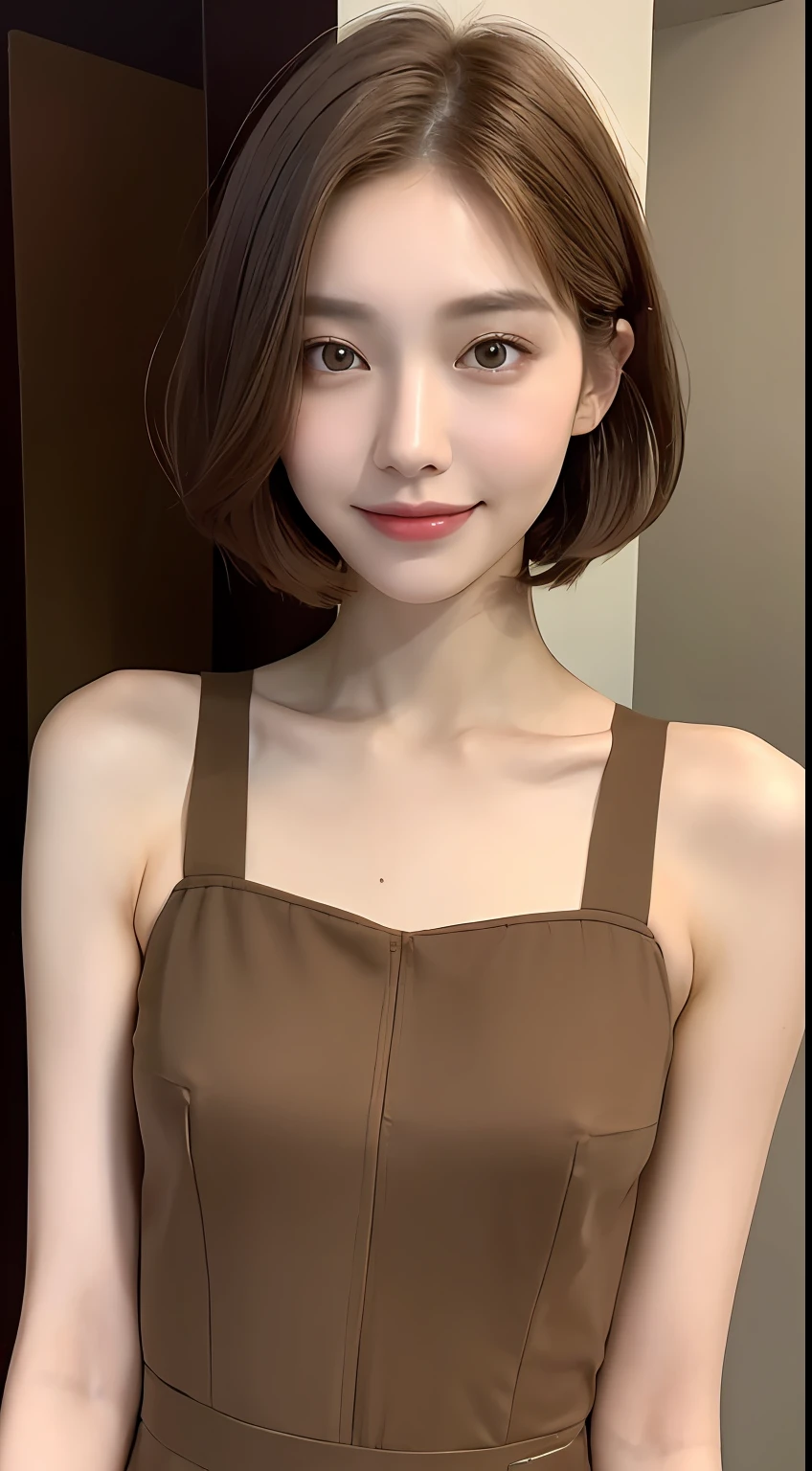 ((Best Quality, 8K, Masterpiece: 1.3)), 1 Girl, Slim Abs Beauty: 1.3, (Hairstyle Brown Hair Shortcut, Big: 1.2), Dress: 1.1, Super Slender Face, Delicate Eyes, Double Eyelids, Smile, Home, Raw Photo