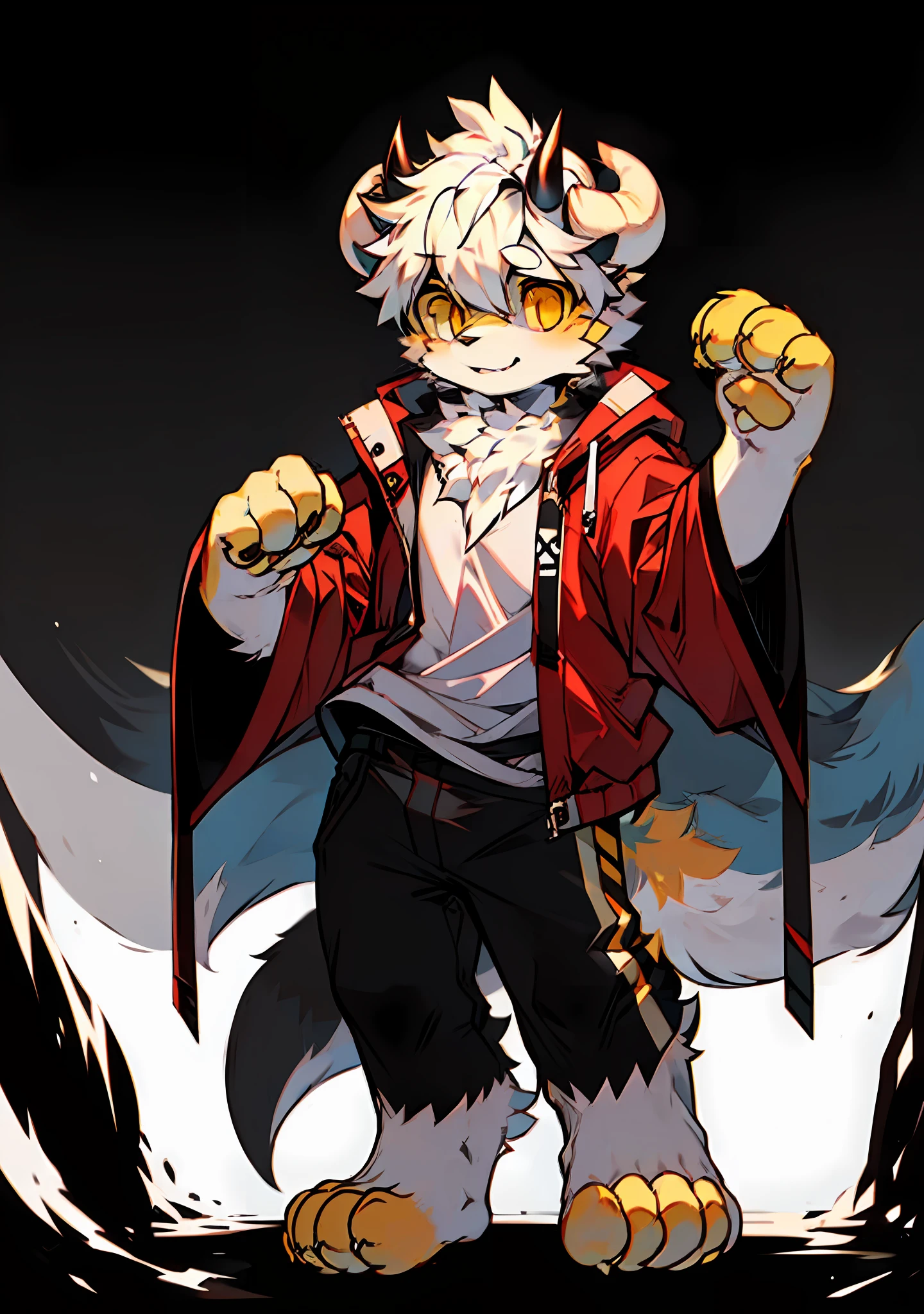 shaggy, shaggy male, malefocus, anthr,(Full Body Furry, Fluffy tail, Black and white fur, Yellow eyes, Yellow paws,White horns,with short white hair), (Killer whale appearance)