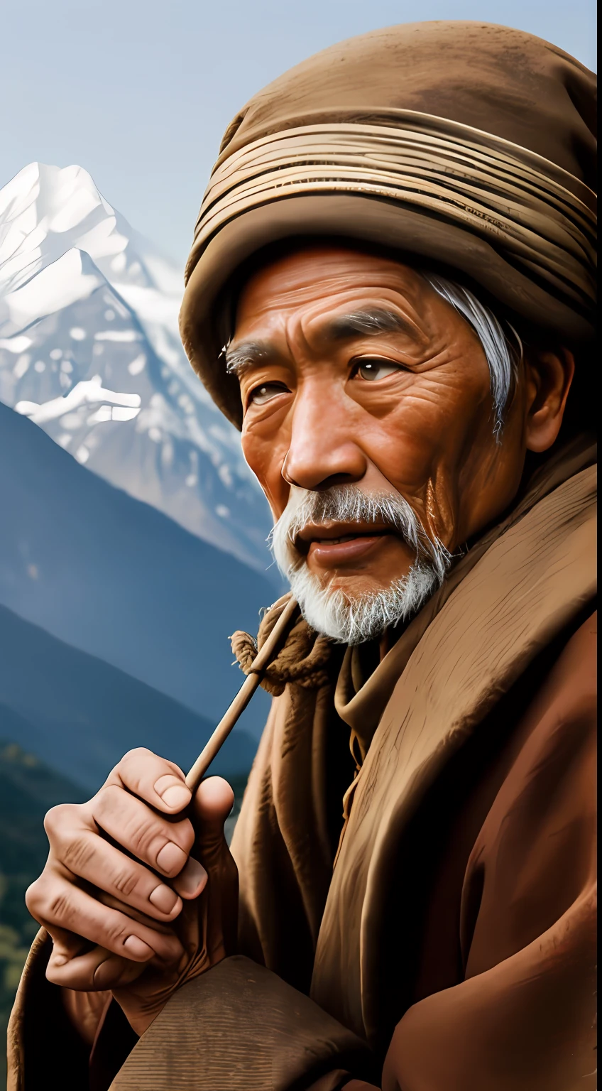 An old beggar,tmasterpiece,top-quality,best qualityer,offcial art,Beautiful and beautiful,realisticlying,High mountains in the background,The background is blurred out,A wise man,Asian face,chineseidol,mtu,upperbody closeup。Chinese beggars