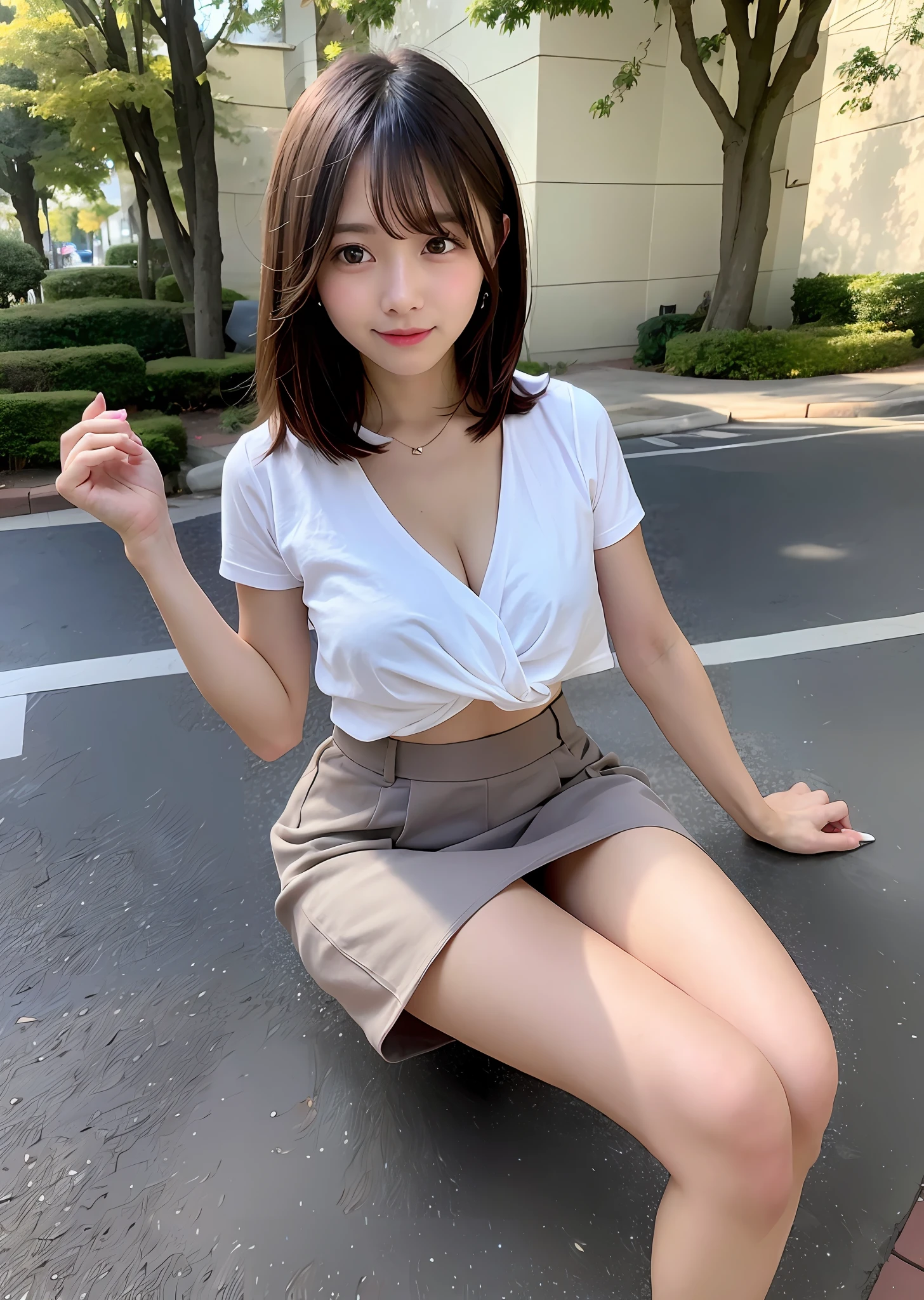 top-quality、Super Detail、body turned sideways、shirts lift、Chest-length shirt、Tight shirt、tight skirts、a short skirt、You can see up to the feet、skinny thigh、perfect hand、perfect foot、Sexy Shots, Photorealsitic, 8K、no-bra、Ordinary chest、Beautiful body lines、being thin、shorth hair、cleavage of the breast、ankle、The skirt is twisted