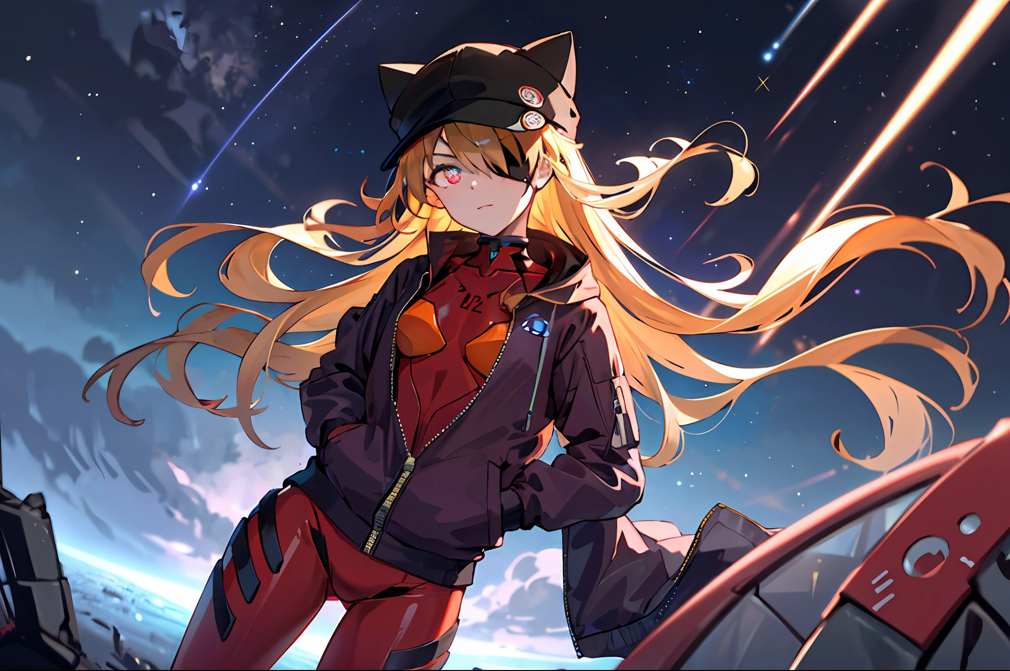 ((masterpiece,best quality, detailed,)), 1girl, solo, cowboy shot, floating above planet,(Saturn1.3), Jupiter, EVA, depth of field,(glowing eyes:1.2),neon details,glowing body,  night,starry sky, souryuu asuka langley, red unzipped jacket,  cat hat, red bodysuit, eyepatch, hands in pockets,