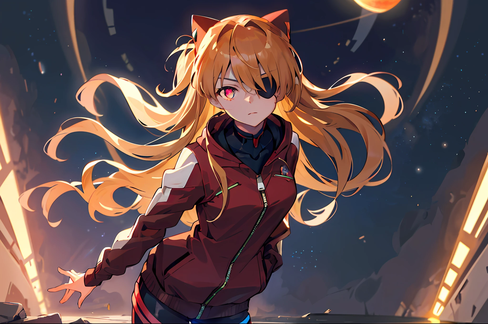 ((masterpiece,best quality, detailed,)), 1girl, solo, cowboy shot, floating above planet,(Saturn1.3), Jupiter, EVA, depth of field,(glowing eyes:1.2),neon details,glowing body, night,starry sky, souryuu asuka langley, red unzipped jacket, cat hat, red bodysuit, eyepatch, hands in pockets,