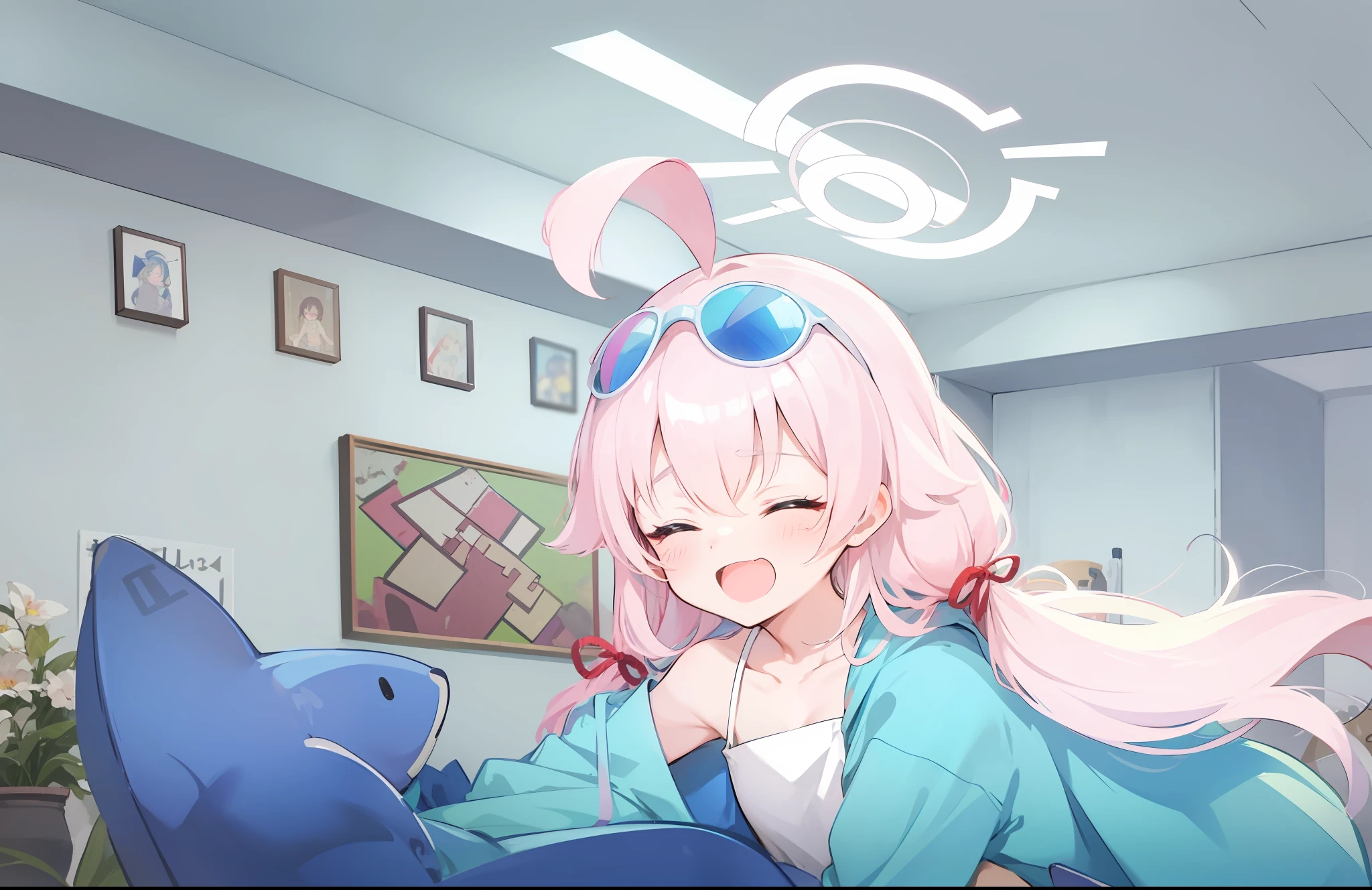 blue archive、Hoshino、kawaii、high-level image quality、Very drunk image quality、Hugging the doll、ignore、Opening Mouth、Pink long hair、Big Ahoge、Loose double knot