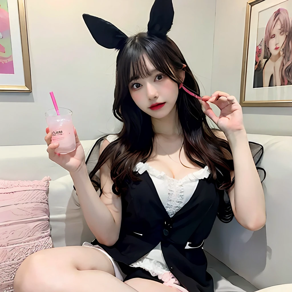 Pink rabbit ears　large full breasts（nffsw）cabelos preto e longos　Goth loli outfit with white and pink exposed cleavage（Overexposed、a miniskirt）Carry drinks　Large living room
