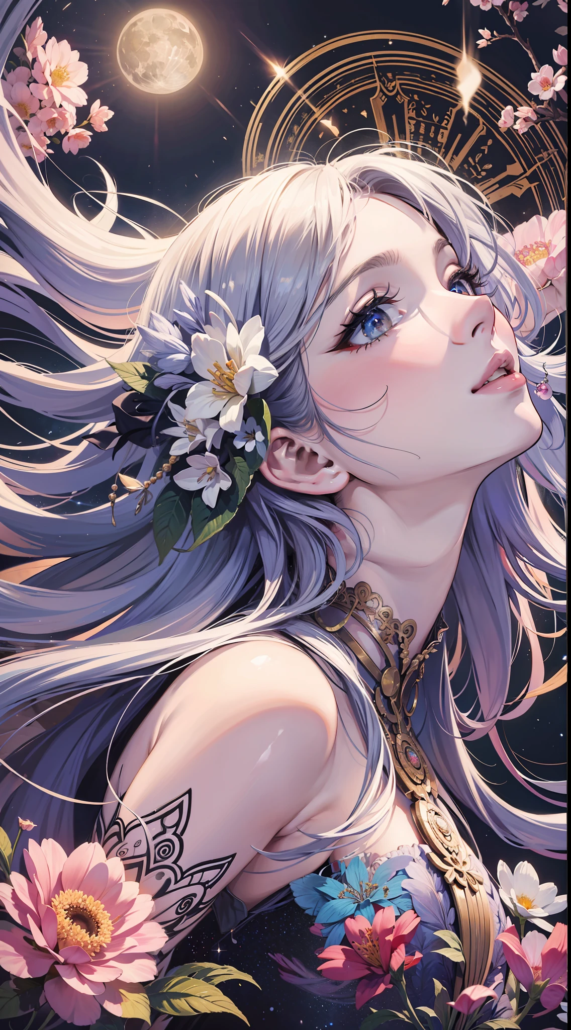 official art, unity 8k wallpaper, ultra detailed, beautiful and aesthetic, (best quality, masterpiece), (zentangle, mandala, tangle, entangle), ecstasy of flower,(1girl),long hair, jewelry in hair, extremely detailed, dynamic angle, (floating hair), (looking up), (dancing), Fairy spirit, (1 white rabbit), Tang style Palace, flying to the Moon, cloud, flower,