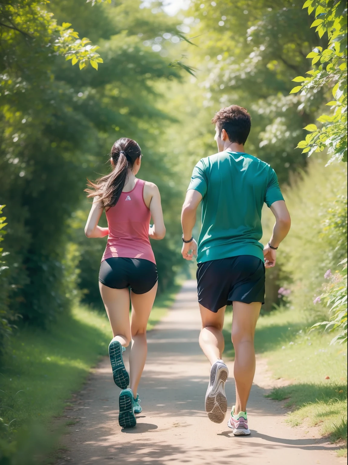 Woman and man jogging in beautiful nature with their backs to the camera