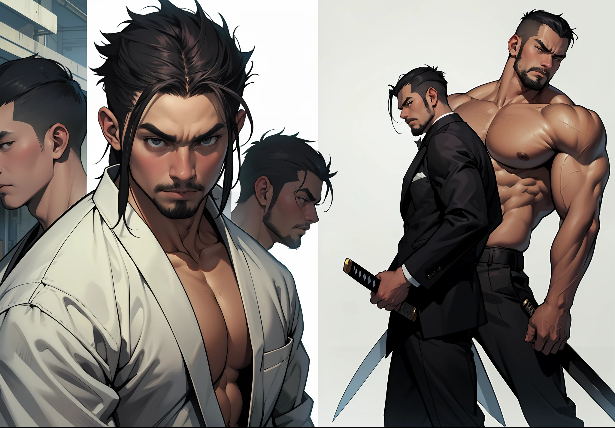Five Yakuza, in suit, studio ghibli art style, different poses front on the car, epic, male, perfect car, perfect face, Black, katana, ultra illustration, high detailed, 90s, epic cinematic, dangerous man, perfect anatomy body, perfect face line,