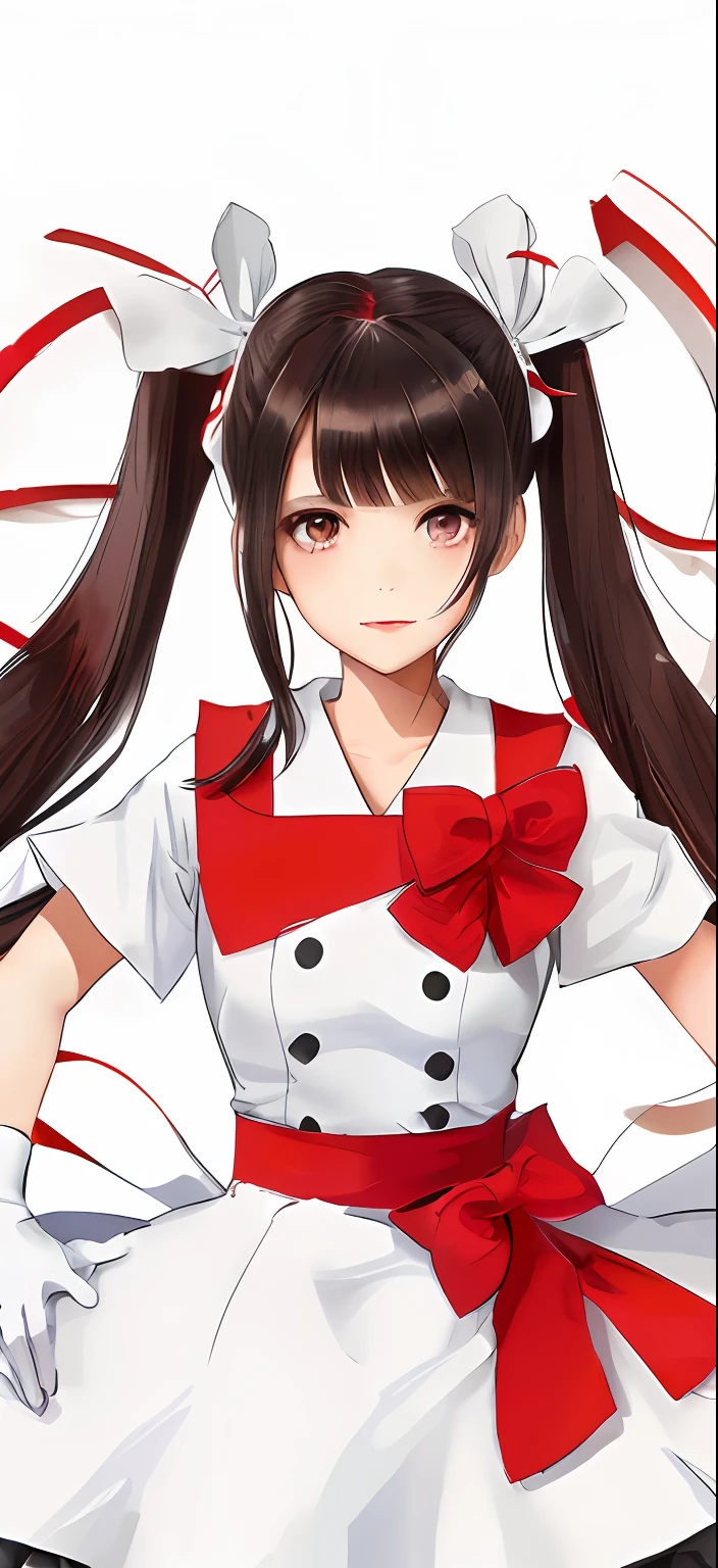 There is a young girl in a white dress and red shoes, Twin-tailed, twintails hairstyle, A dark-haired, shikamimi, twintails white_gloves,  Pigtails hairstyle, white hime cut hairstyle, hime-cut,