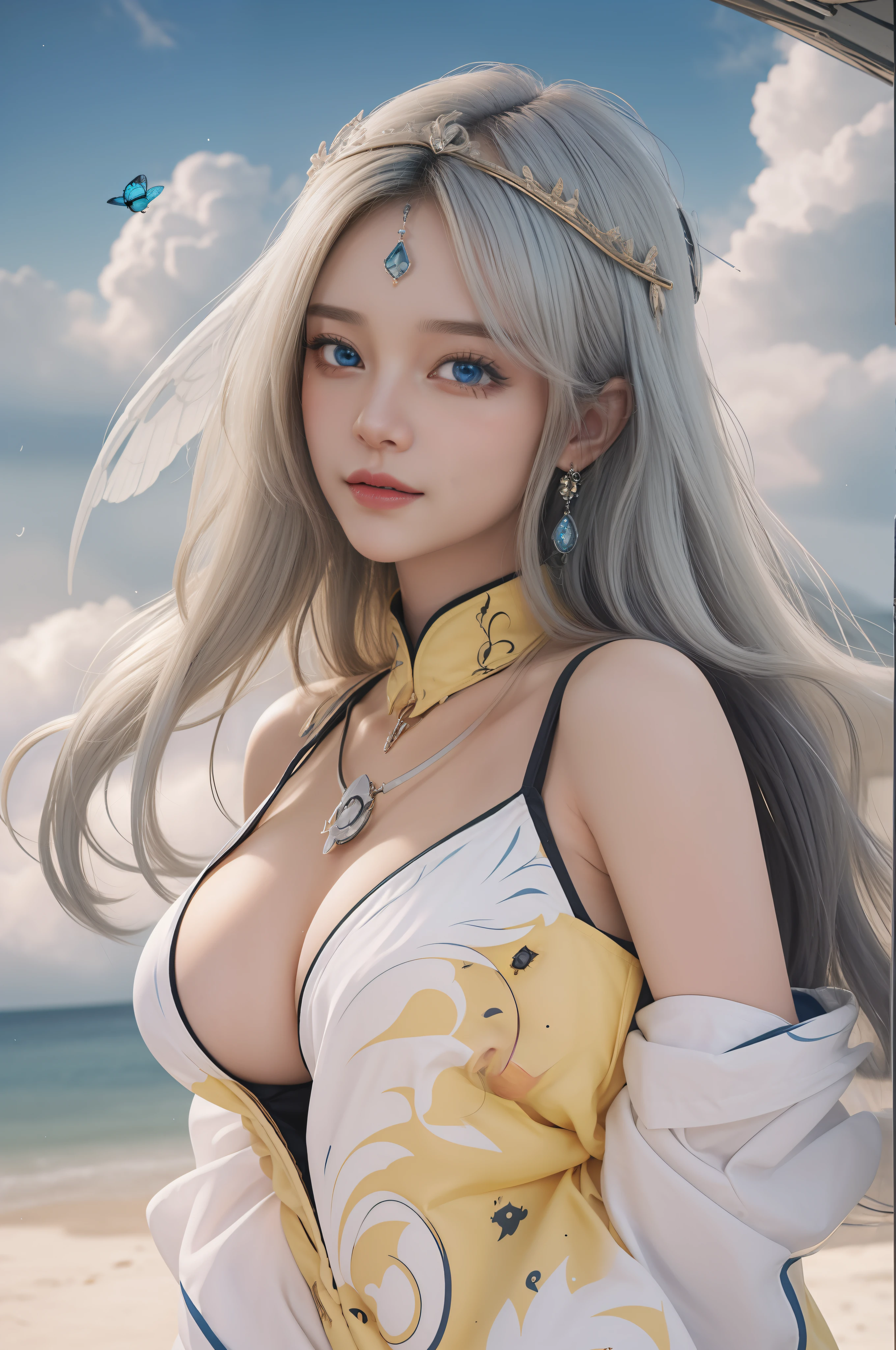 beautiful detailed girl, extremely detailed eyes and face, beautiful detailed eyes, absurdres, incredibly absurdres, huge filesize, ultra-detailed, highres, extremely detailed,best quality ,masterpiece, illustration, an extremely delicate and beautiful, extremely detailed,CG,unity,8k wallpaper, Amazing, finely detail, masterpiece,best quality,official art,extremely detailed CG unity 8k wallpaper, (masterpiece, best quality,high quality, White skin, Beautiful detailed face),(realistic: 1.2), 1girl, solo, glasses, smile, open mouth, looking at viewer, long hair, blue eyes, wings, long sleeves, bug, bangs, butterfly, jacket, white hair, sky,outdoors,((upper body)), ((Puffy lips, blue eyes)) (yellow hairs)