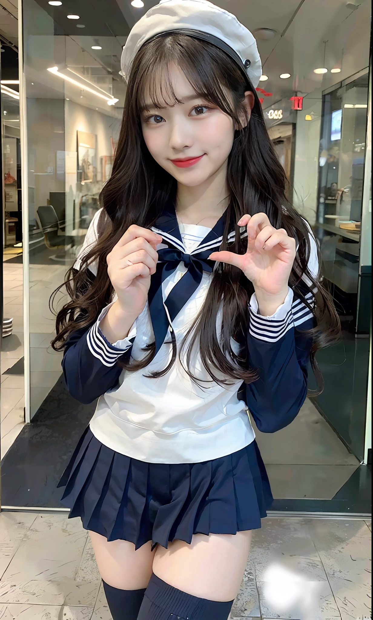 (ultra best quality、超A high resolution、8k、masterpiece:1.3)、Beautiful Women in Perfect Figure:2、Black hair、a sailor suit、hi-school girl、kawaii、extremely detailed face and skin、Detailed eye、二重まぶた、Skinny Legs、A smile、1The human、Doing an OK sign with your left hand、Highly detailed CG Unity very detailed CG Unity 8k wallpaper、Navy blue pleated skirt、16years old、The whole body is in the viewer、Extraordinary Beauty、