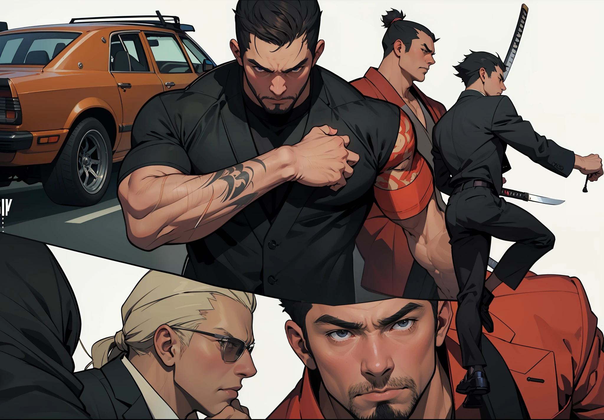 Five Yakuza, in suit, studio ghibli art style, different poses front on the car, epic, male, perfect car, perfect face, Black, katana, ultra illustration, high detailed, 90s, epic cinematic, dangerous man, perfect anatomy body, perfect face line,