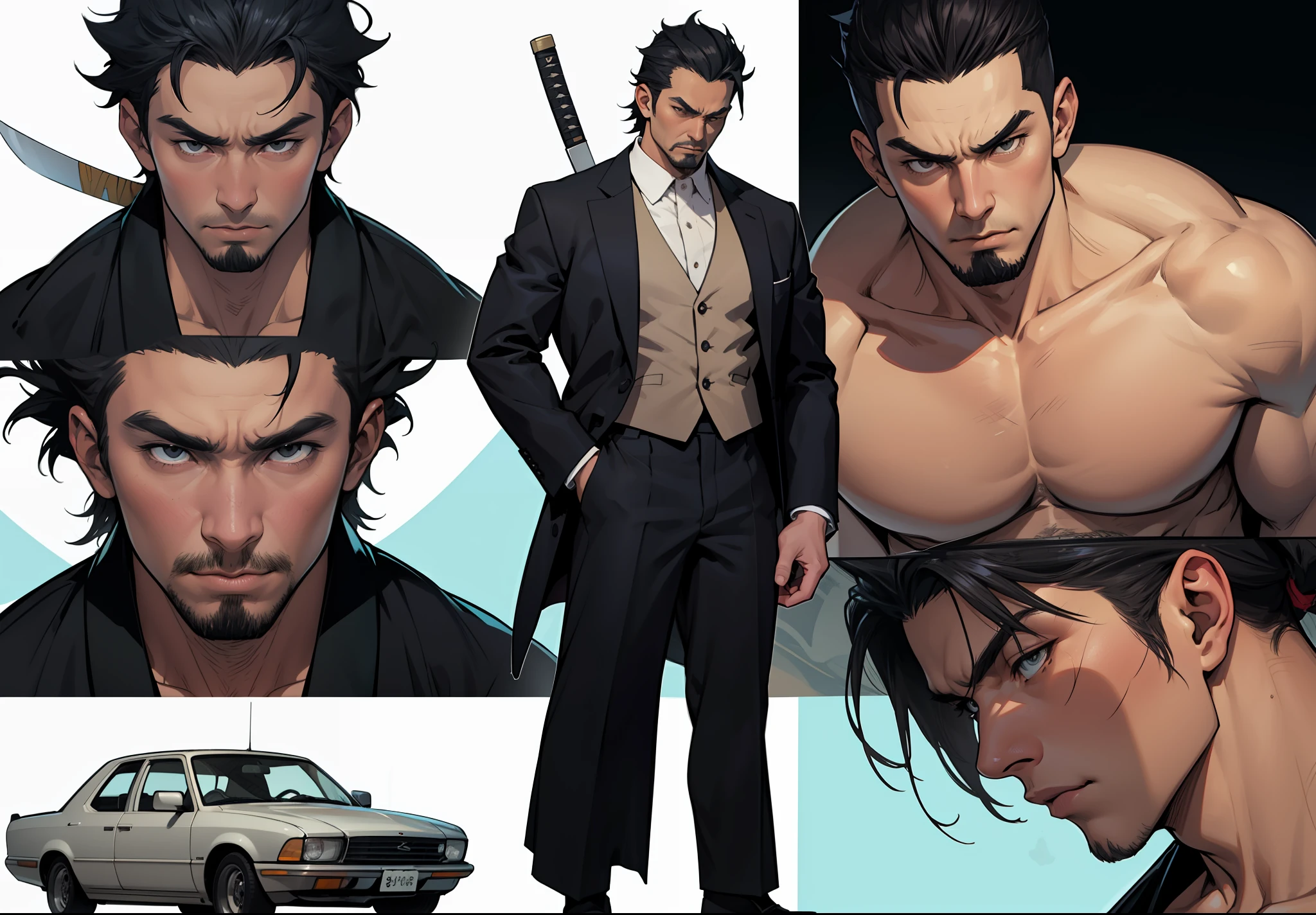 Five Yakuza, in suit, studio ghibli art style, different poses front on the car, epic, male, perfect car, perfect face, Black, katana, ultra illustration, high detailed, 90s, epic cinematic, dangerous man, perfect anatomy body, perfect face line,
