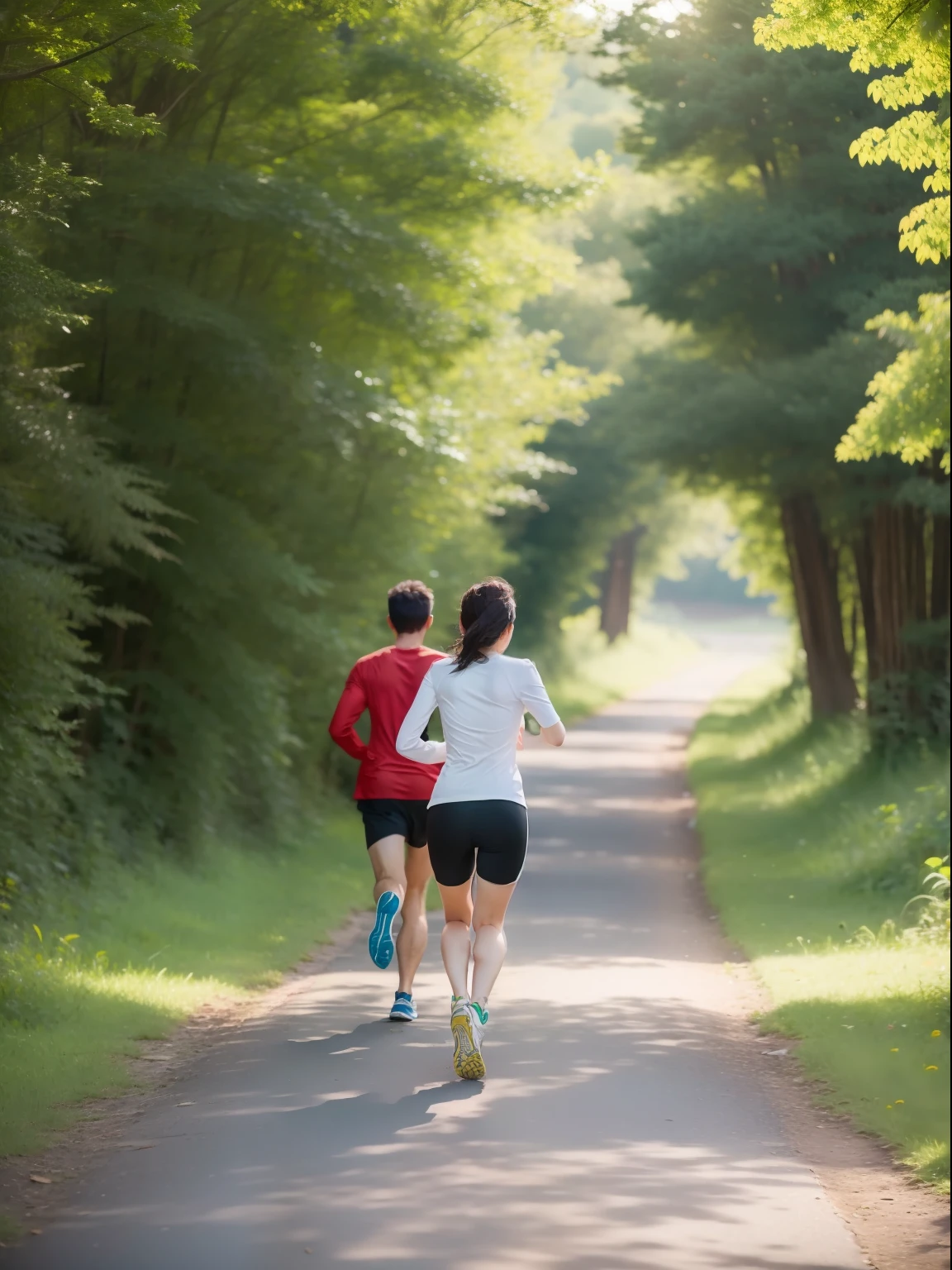 Woman and man jogging in beautiful nature with their backs to the camera