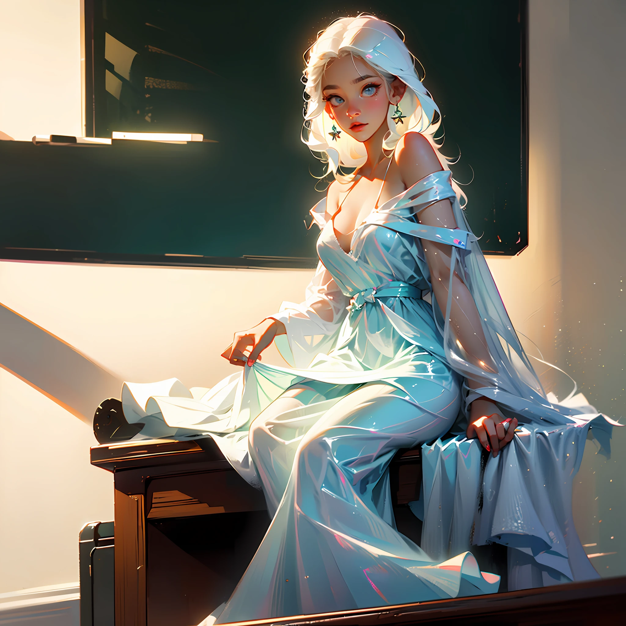 college girl,breastsout:1.6,upper legs:0.8,Beth,sitting on the classroom desk,Bare chest,white colors,long white hair,White briefs,Sunny smiley face,solo person,White loose coat,Bare one shoulder,open waist,Dress loosely,white skinned,adolable --auto