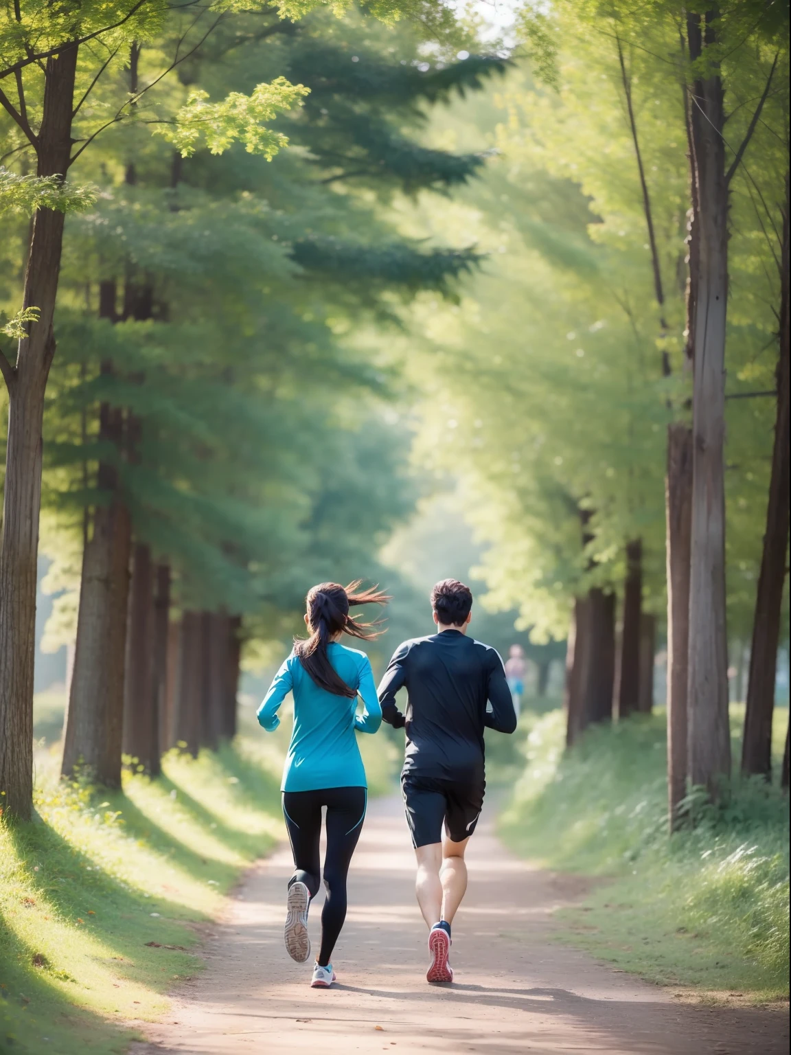 Woman and man jogging in beautiful nature with their backs to the camera