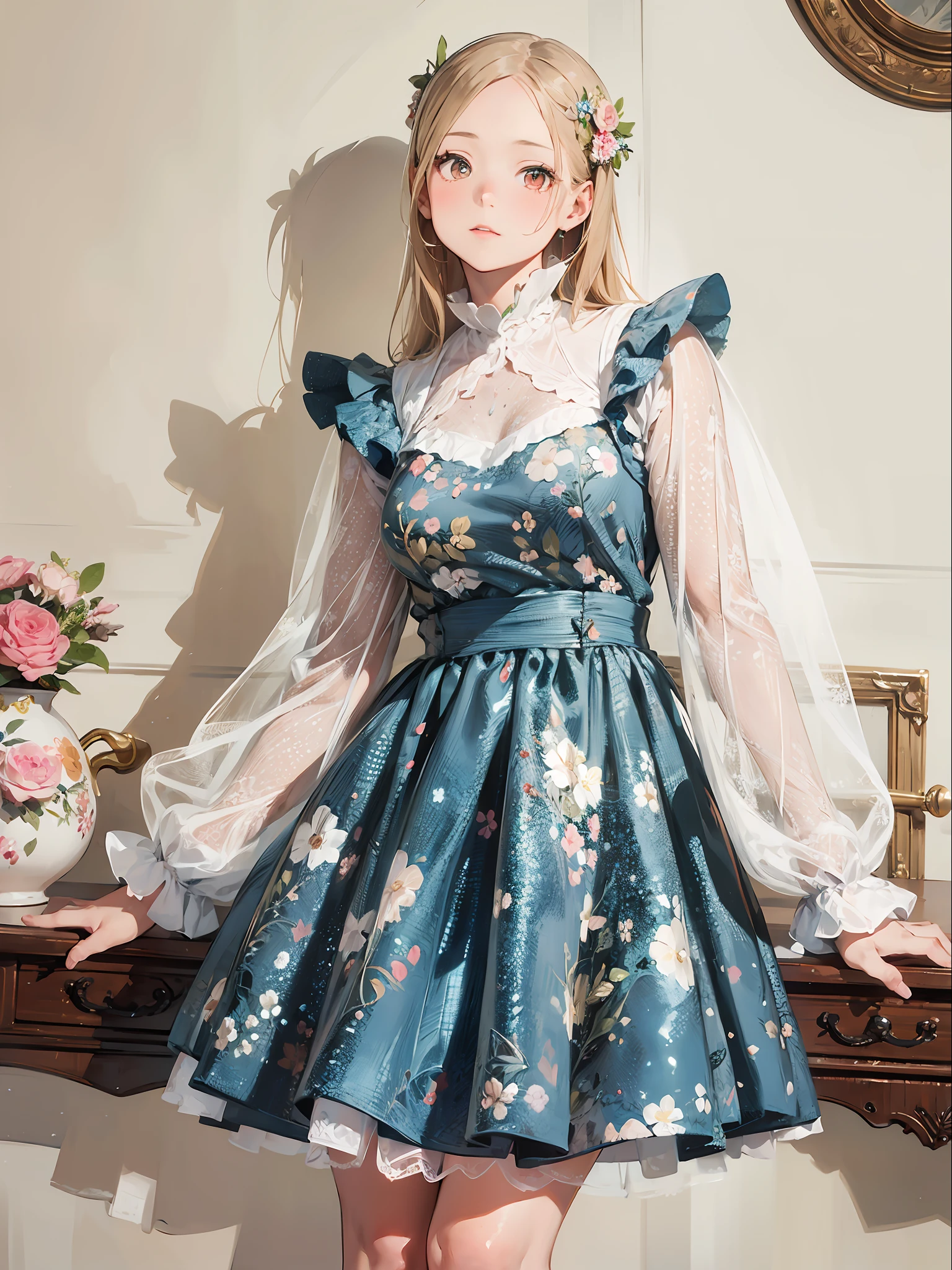 al masterpiece, high quality, best quality, beautiful, hd, perfect lighting, detailed face, detailed body, 1 girl, solo , wearing a blue dress, floral clothes, rococo ruffles dress, intricate fantasy dress, floral art nouveau dress, dreamy style, romantic dress, victorian inspired clothing, beautiful clothes, flowery dress,