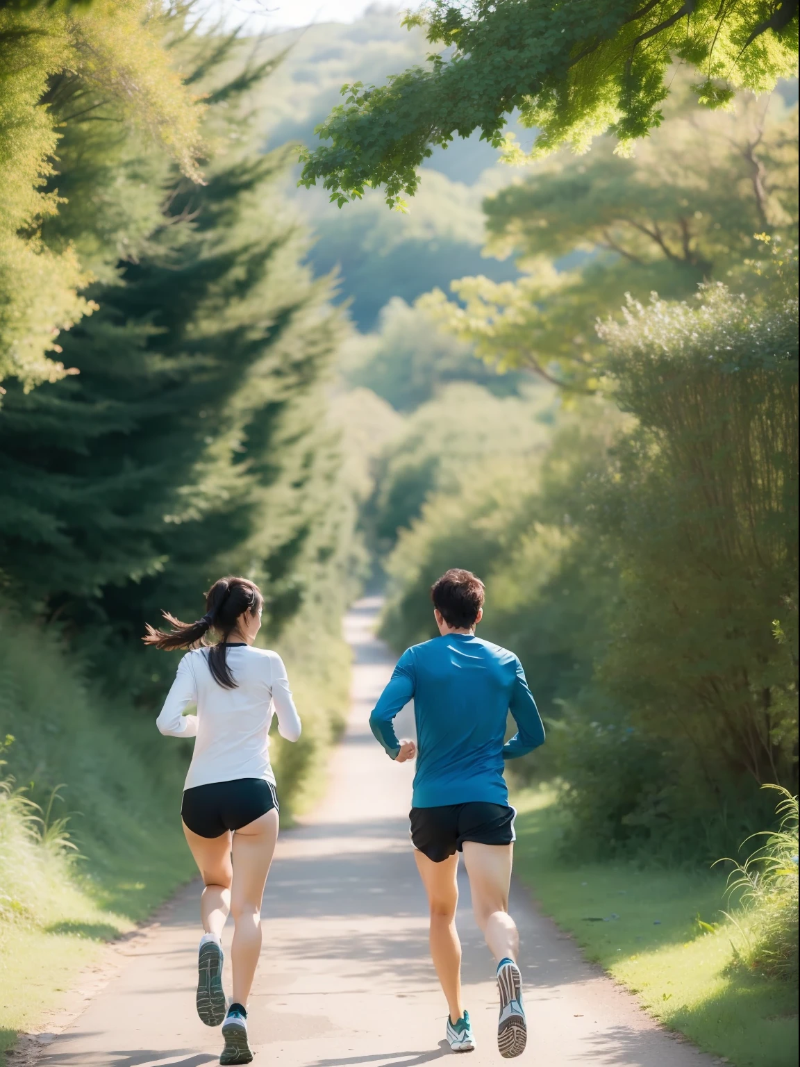 Woman and man jogging in beautiful nature with their backs to the camera