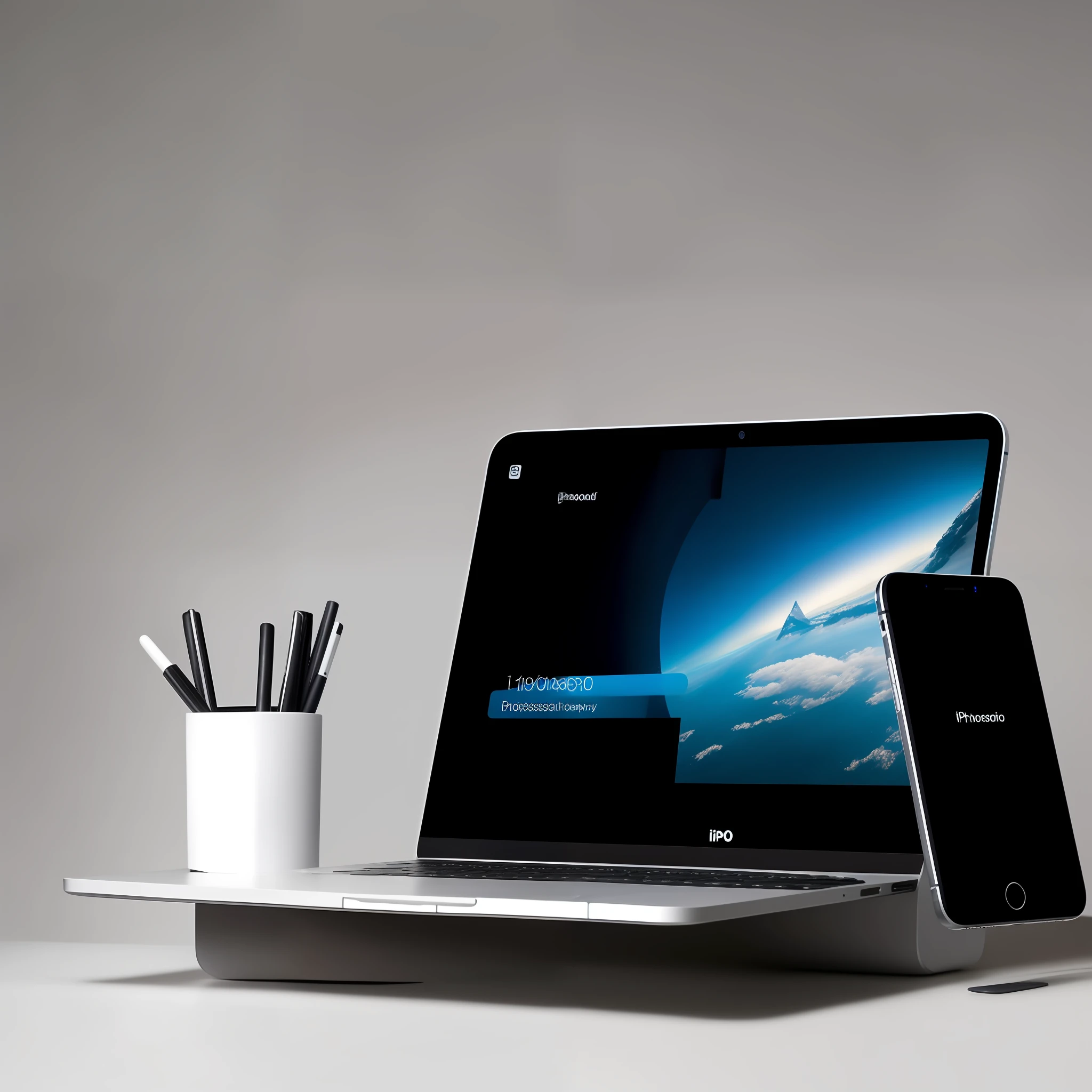 professional photography of a laptop on top of a table, with an iphone standing on top of the laptop, showing the iphone screen in a professionally lit environment, on a neotro white background