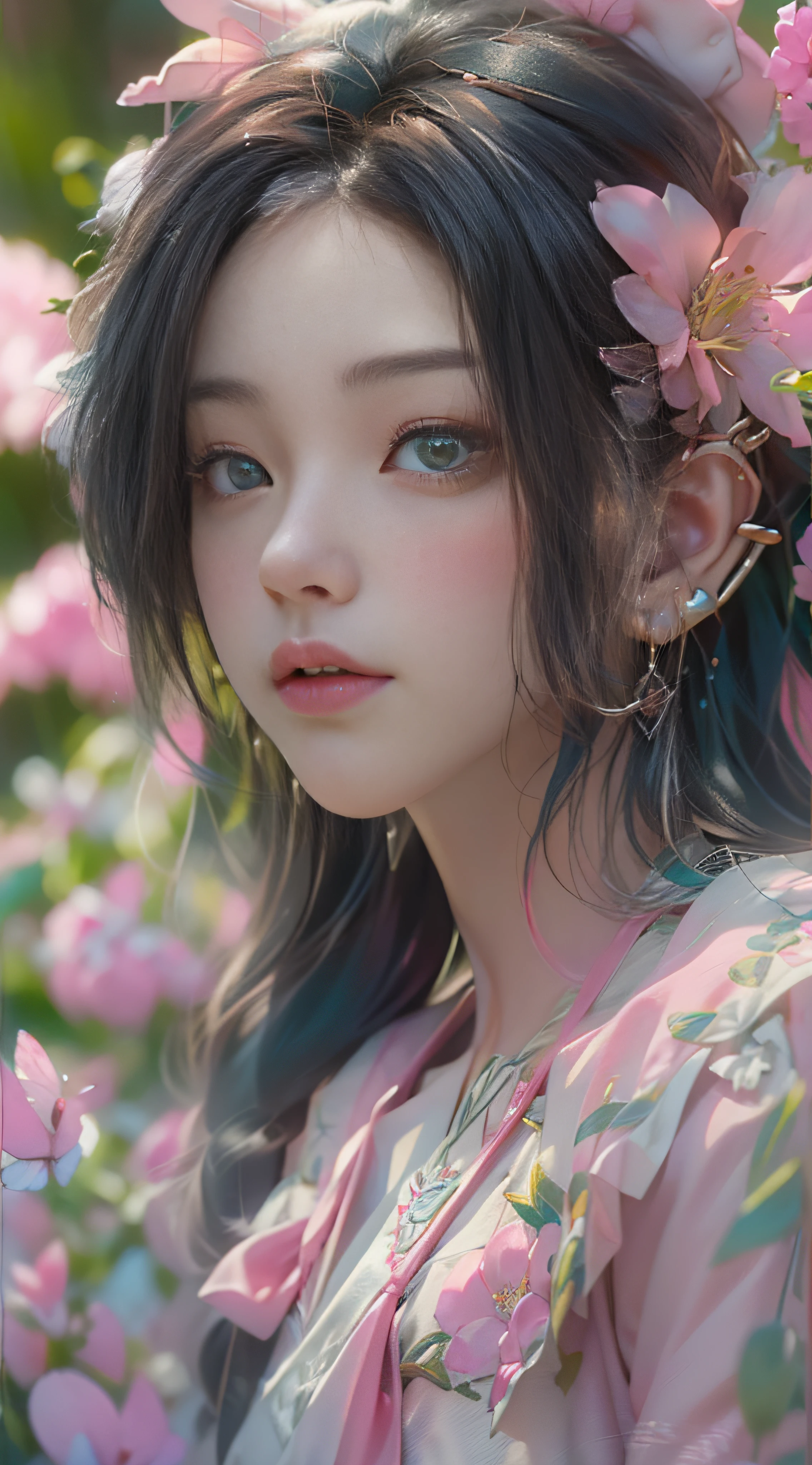 ((best qualtiy)), ((tmasterpiece)), (detail:1.4), 3D, Beautiful cyberpunk female images,hdr(HighDynamicRange),Ray traching,NVIDIA RTX,Hyper-Resolution,illusory 5,Sub-surface scattering,PBR textures,post-proces,Anisotropy Filtering,depth of fields,maximum definition and sharpness,Many-Layer Textures,Albedo e mapas Speculares,Surface coloring,Mitsu-Accurate simulation of material interactions,perfectly proportioned,rendering by octane,Two-colored light,largeaperture,Low ISO,White balance,Rule three points、8K raw data、beautiful bright pupils,off-the-shoulder clothes,Fine pupils,Delicate face and eyes,long eyelasher,Blushlush,Delicate and fluffy hair,Pink lips,Pure,Cute big breasts,Sweet girl,Artistic sense,Casual wear,Advancedsense,butterflys,Cherry blossom petal,Beautiful hair accessories