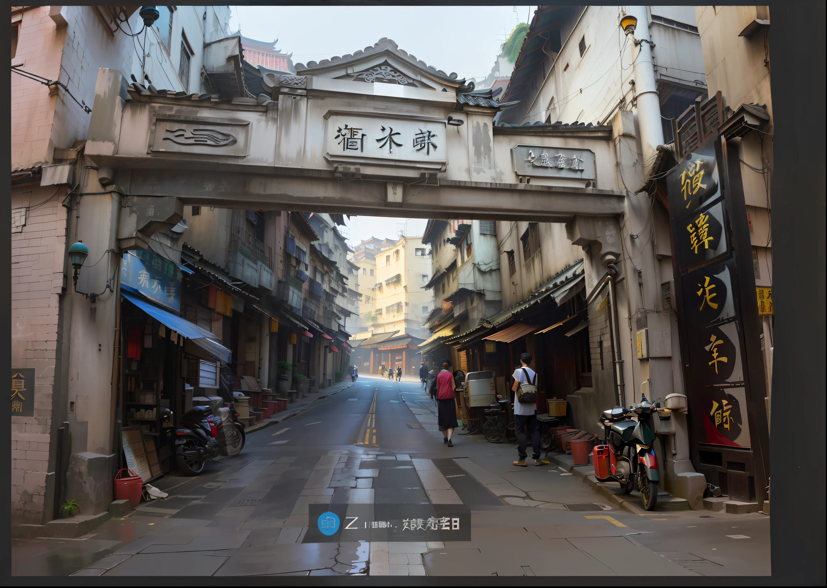 There is a street,There is a bridge above,There are stone piers under the bridge,Realisticstyle,style of anime,There is a sign on it, ancient city streets behind her, old city, guangjian, zhouzhuang ancient town, in a narrow chinese alley, narrow and winding cozy streets, Old town, ancient city of white stone, colonial era street, china town, wet market street,Hong Kong street style, author:Qu Leilei