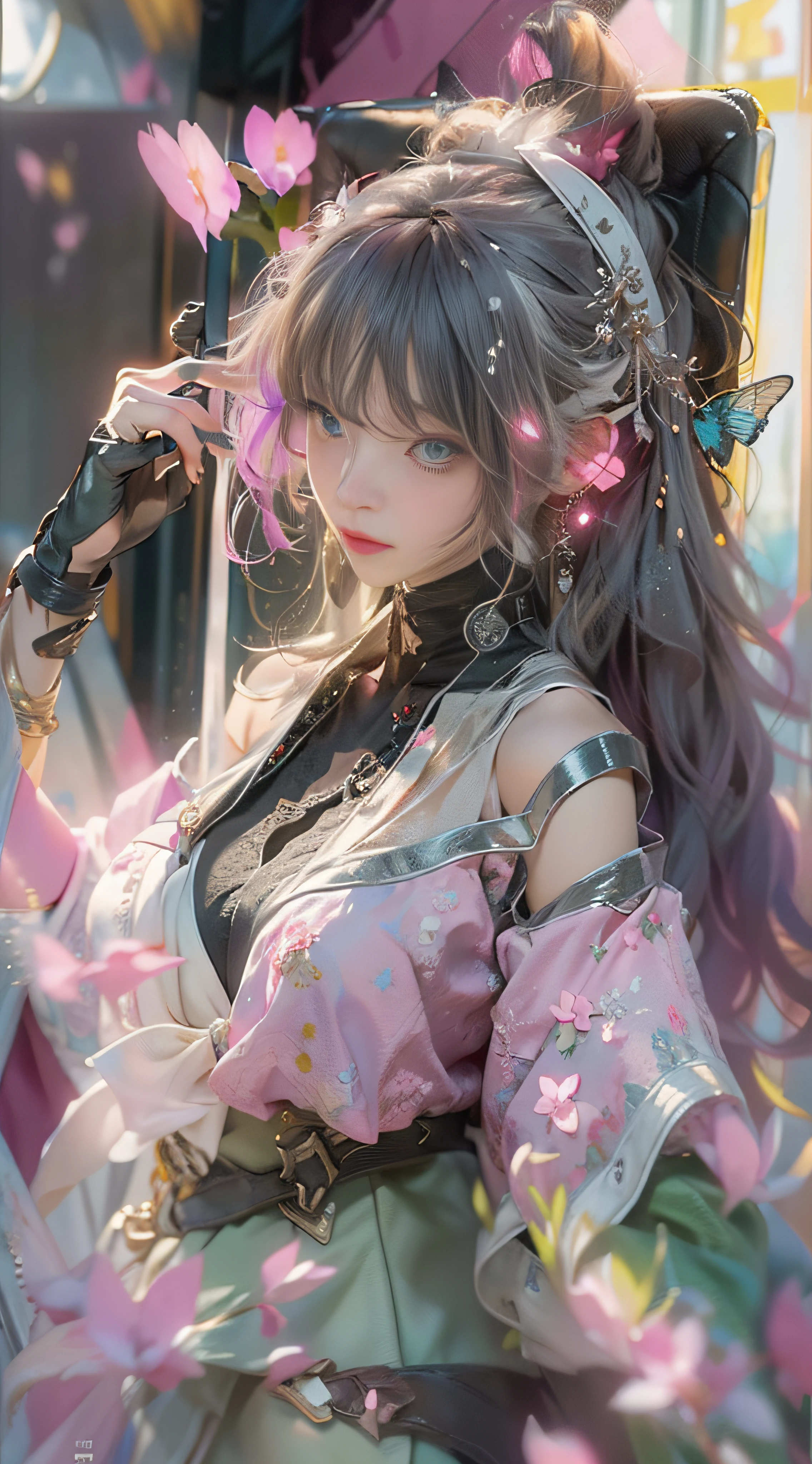 ((best qualtiy)), ((tmasterpiece)), (Detail:1.4), 3D, Beautiful cyberpunk female images,hdr(HighDynamicRange),Ray traching,NVIDIA RTX,Hyper-Resolution,illusory 5,sub surface scattering,PBR textures,post-proces,Anisotropy Filtering,depth of fields,maximum definition and sharpness,Many-Layer Textures,Albedo e mapas Speculares,Surface Coloring,Mitsu-Accurate simulation of material interactions,perfectly proportioned,rendering by octane,Two-colored light,largeaperture,Low ISO,White balance,Rule three points、8K raw data、beautiful bright pupils,off-the-shoulder clothes,Fine pupils,Delicate face and eyes,long eyelasher,Blushlush,Delicate and fluffy hair,pink lip,Pure,cute big breasts,Sweet girl,Artistic sense,Casual wear,Advancedsense,butterflys,Cherry blossom petal,Beautiful hair accessories