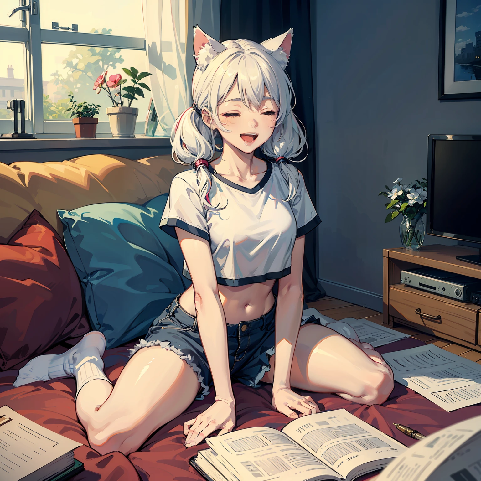 (masterpiece:1.2, best quality), (real picture, intricate details), 1girl,medium breasts,barefoot,(wariza hand between legs), open mouth, smile,closed eyes, messy room, book, pen,paper,depth of field,Sofa, bed,pillow,water dispenser,TV,socks, living room, table,(medium white hair, low twintails:1.2 ),looking at viewer, (white crop top:1.2),(cat ears),, masterpiece, best quality,