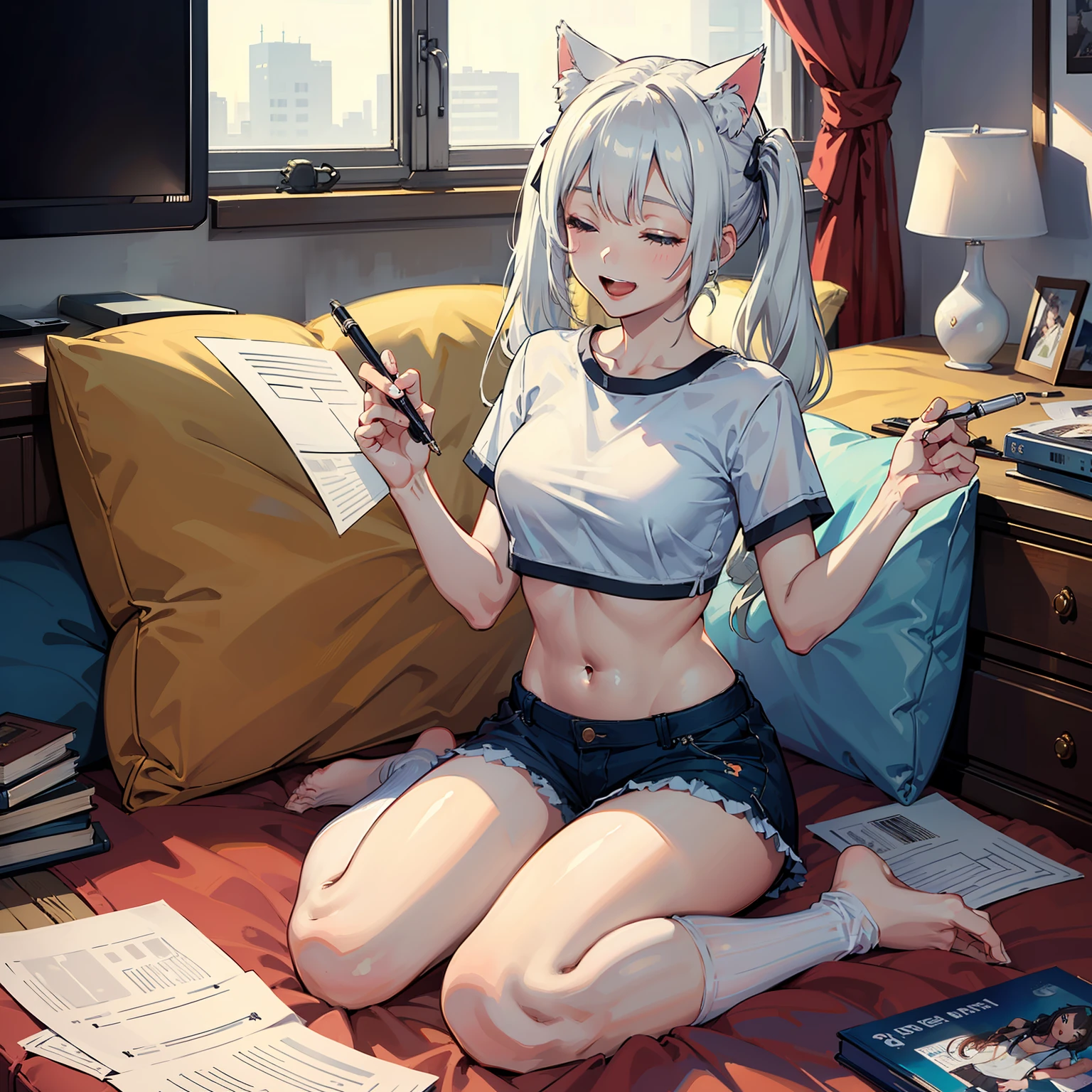 (masterpiece:1.2, best quality), (real picture, intricate details), 1girl,medium breasts,barefoot,(wariza hand between legs), open mouth, smile,closed eyes, messy room, book, pen,paper,depth of field,Sofa, bed,pillow,water dispenser,TV,socks, living room, table,(medium white hair, low twintails:1.2 ),looking at viewer, (white crop top:1.2),(cat ears),, masterpiece, best quality,